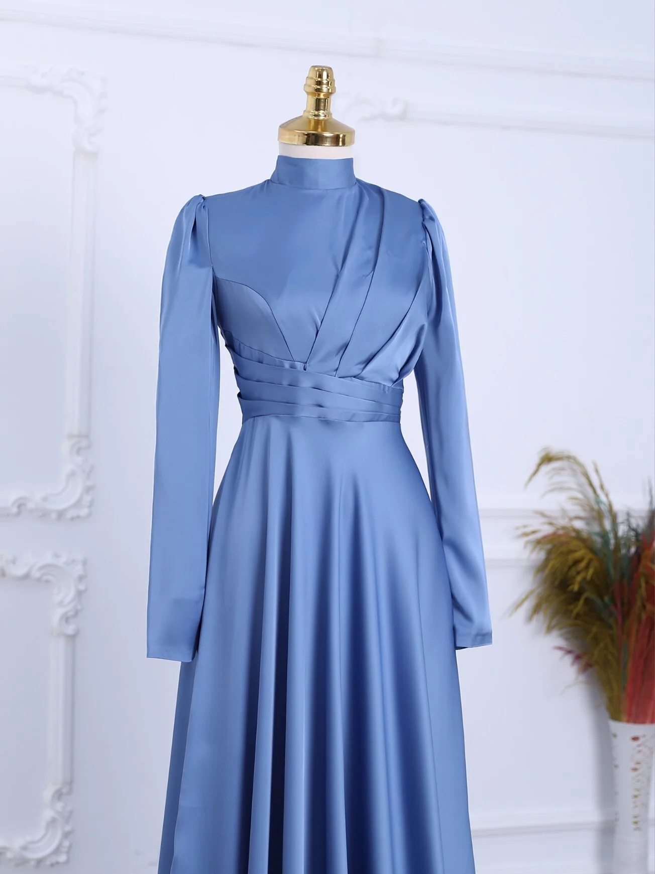 Blue Satin Evening Dress with Draped Bodice and Belt - Podyumplus - by Peralane
