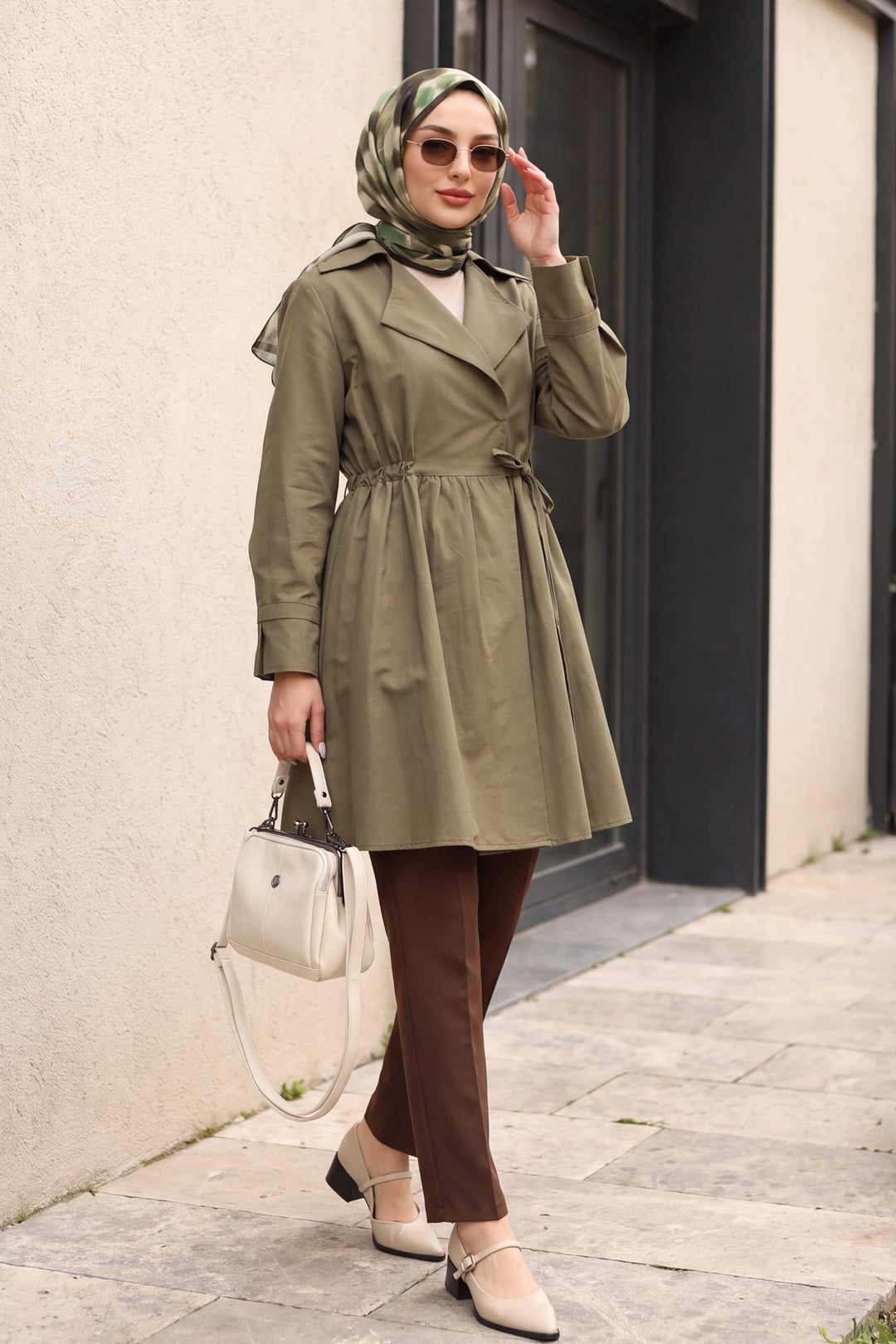 Side Lace-Up Kimono Trench Coat with Slits - Olive Green - Podyumplus - by Peralane - photo 4