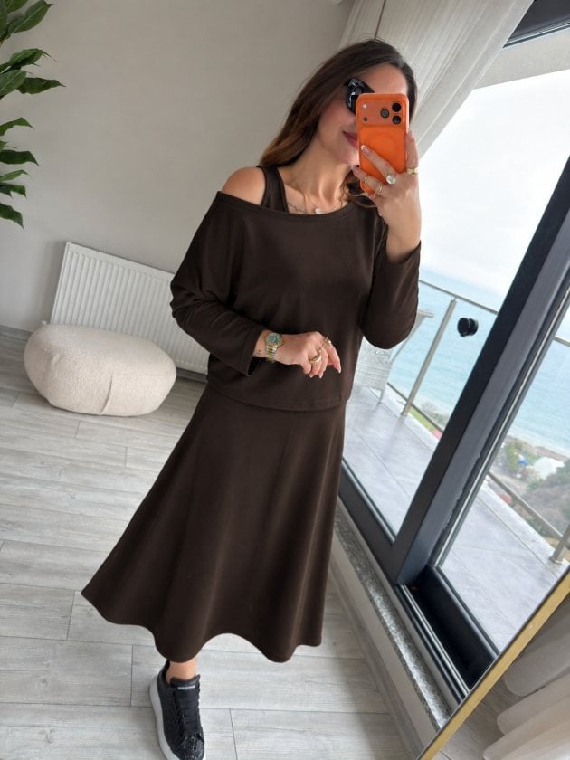 Women's Long Sleeve Off-Shoulder Knit Top and Midi Skirt Co-ord Set - Janes - by Peralane