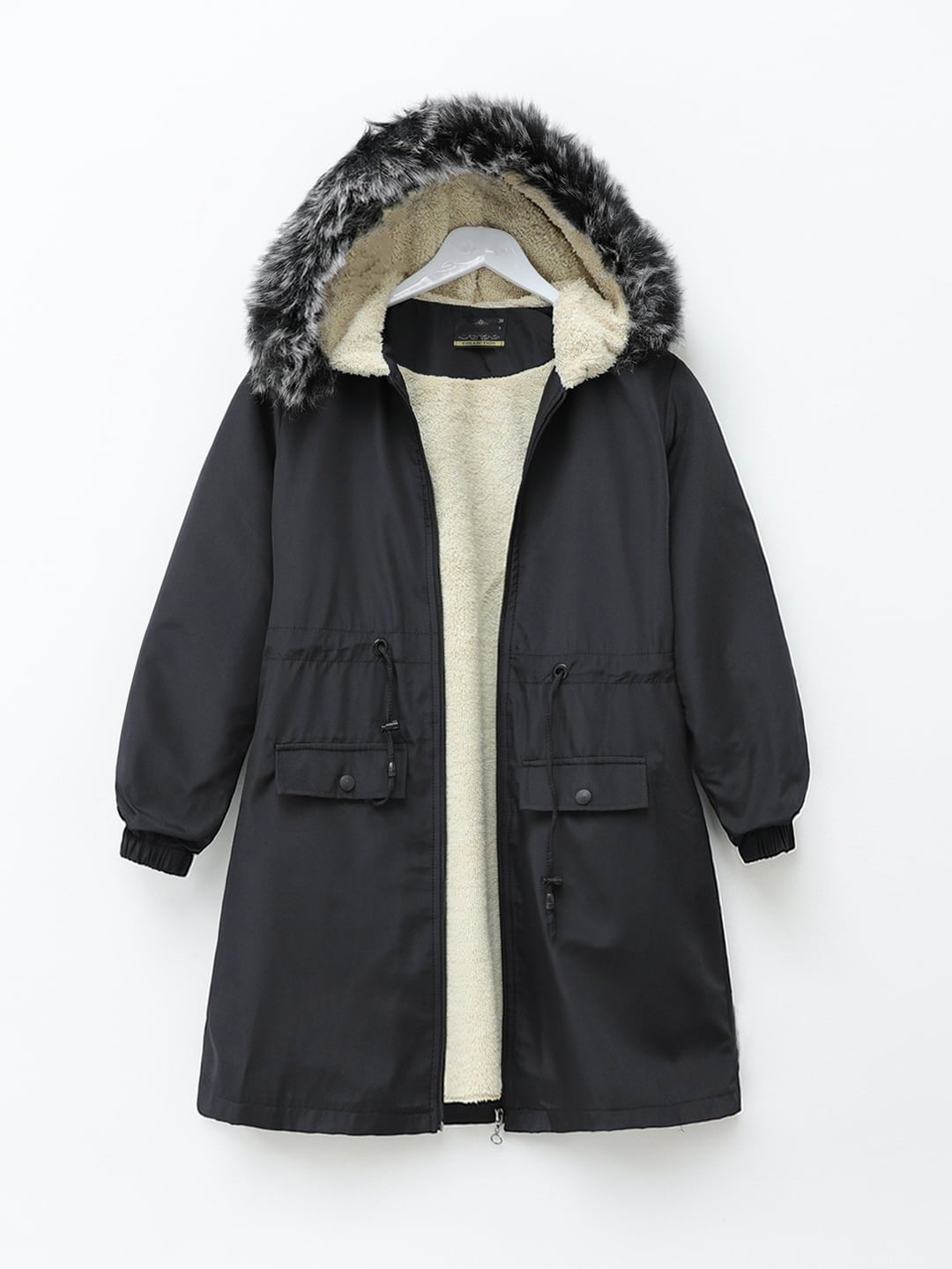 Black Fixed Hood Faux Fur Lined Bondit Coat - Podyumplus - by Peralane