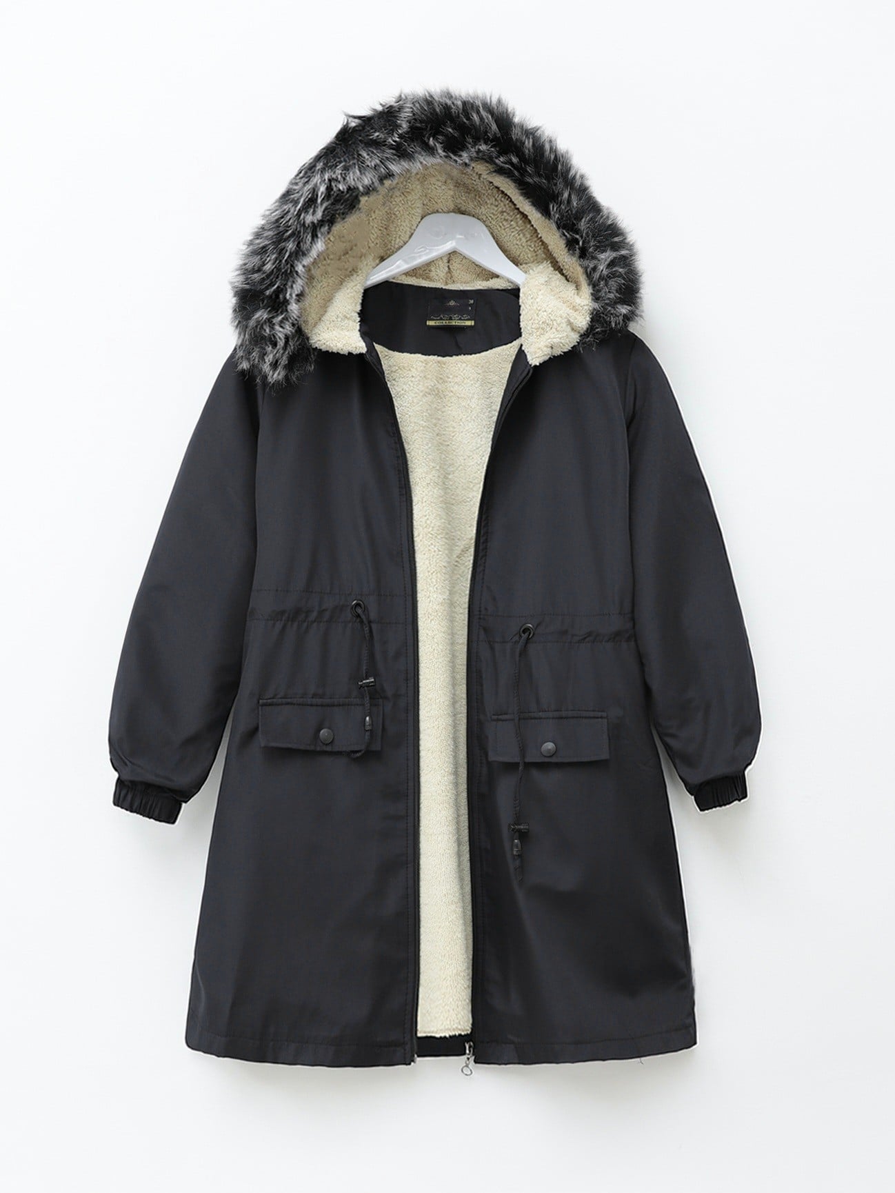 Black Fixed Hood Faux Fur Lined Bondit Coat - Podyumplus - by Peralane