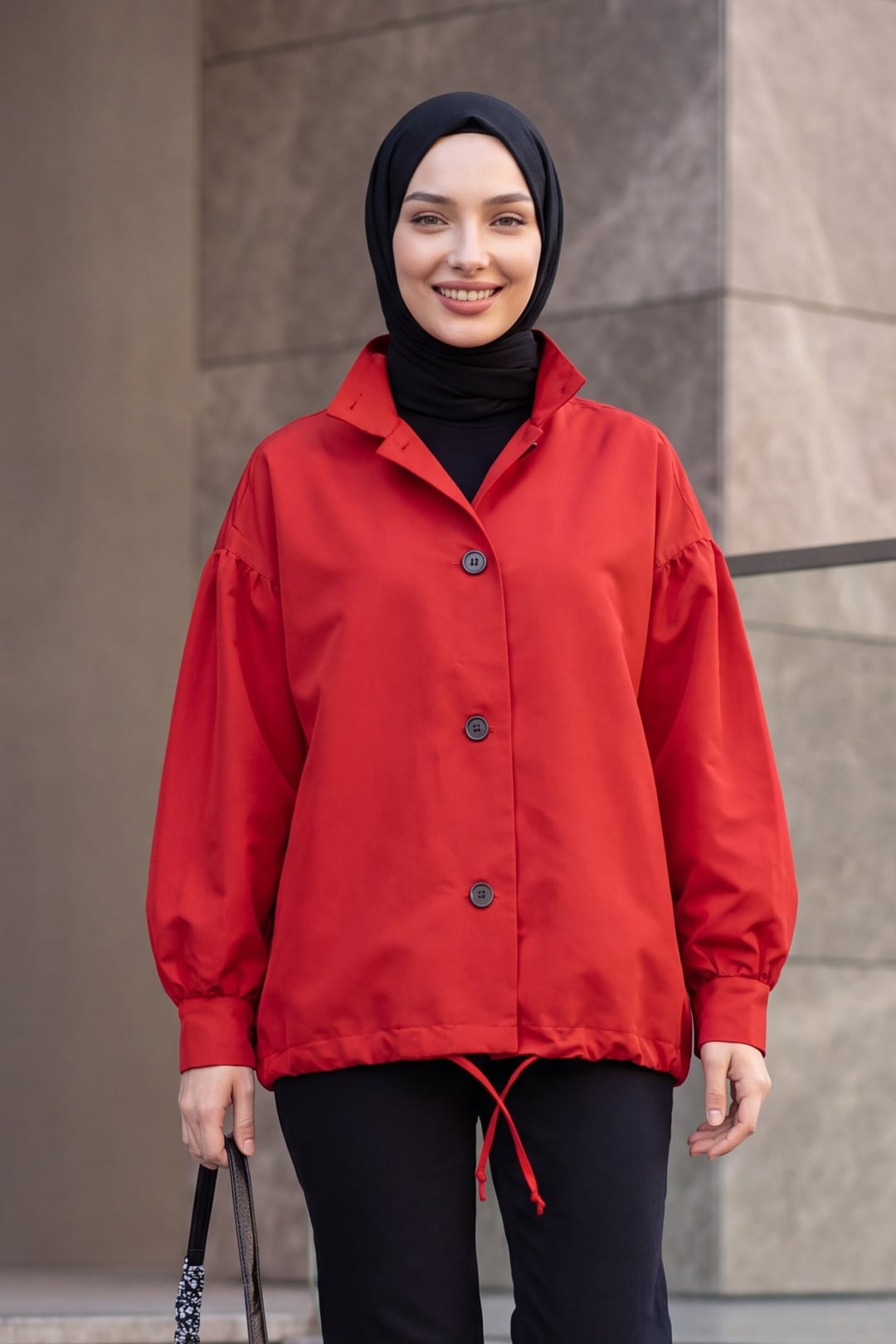 Red Balloon Sleeve Double Pocket Lined Buttoned Trench Coat - Podyumplus - by Peralane - photo 5