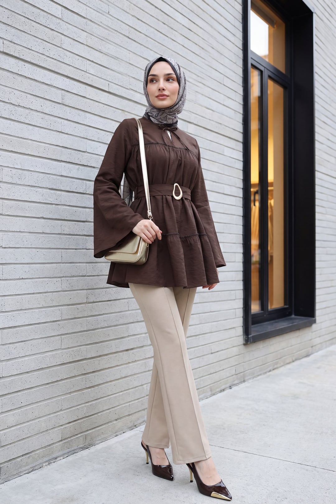 Buckle Belt Wrap Neck Panel Polyviscose Tunic - Dark Brown - Podyumplus - by Peralane - photo 2