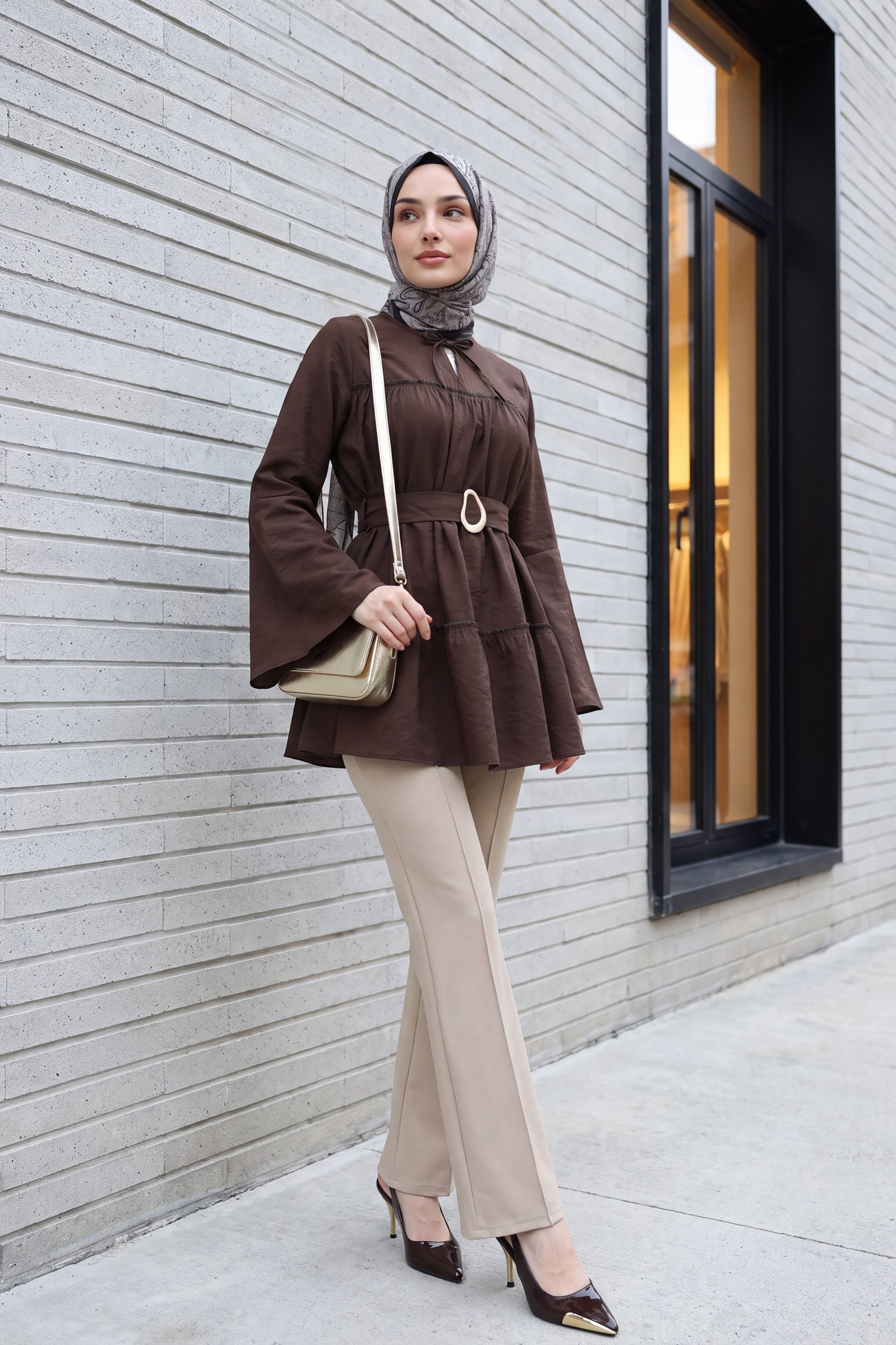 Buckle Belt Wrap Neck Panel Polyviscose Tunic - Dark Brown - Podyumplus - by Peralane - photo 2