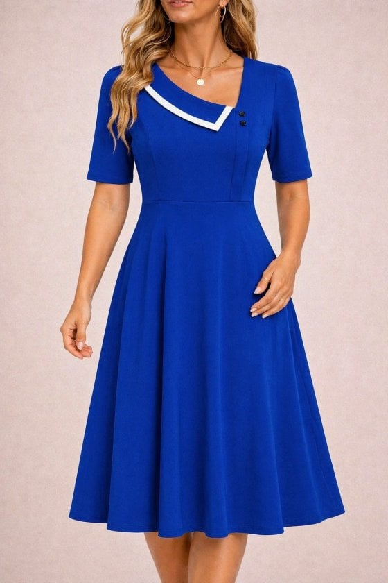 Women's Short-Sleeve Asymmetric Neckline Midi Crepe Dress with Sheen - Royal Blue - Janes - by Peralane