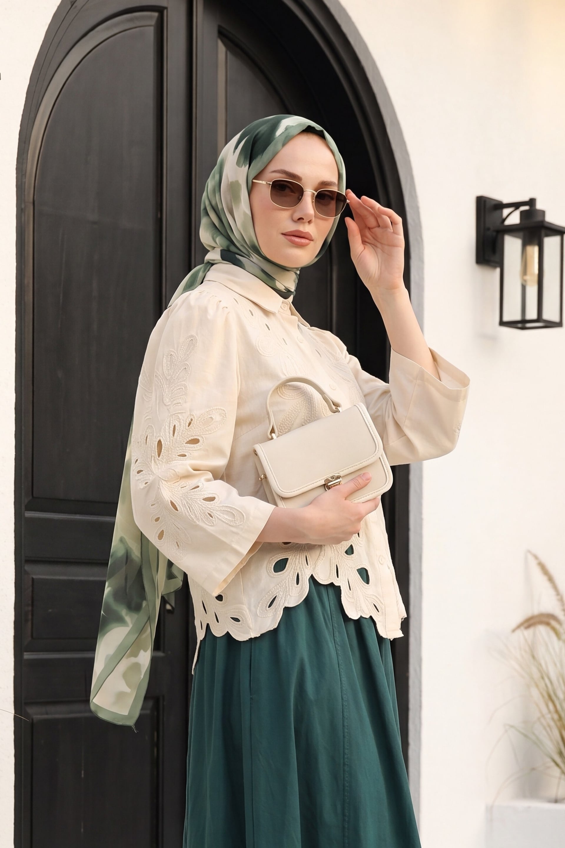 Cream Embroidered Wide-Sleeve Linen Look Blouse - Podyumplus - by Peralane - photo 2