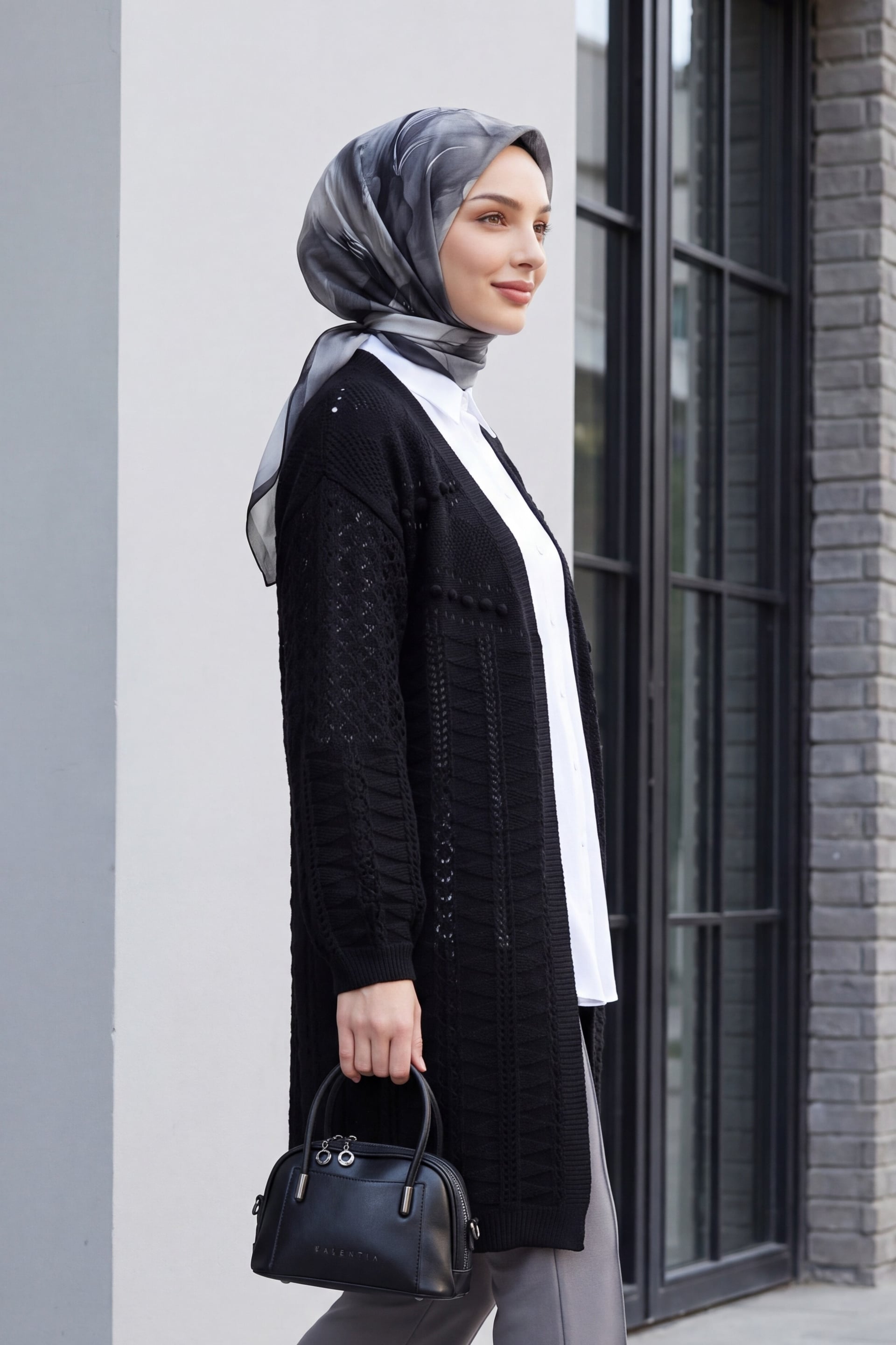 Pom-Pom Mixed Pattern Mid-Length Knit Cardigan - Black - Podyumplus - by Peralane
