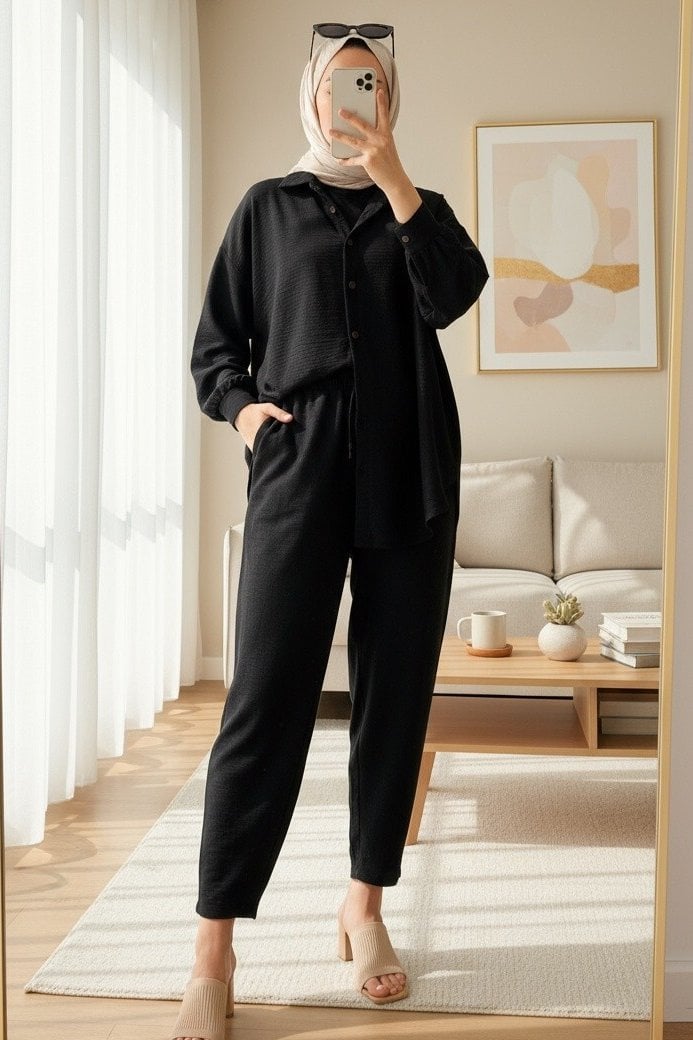 Women's Black Linen Two-Piece Lounge Set with Shirt and Trousers - Bigdart - by Peralane