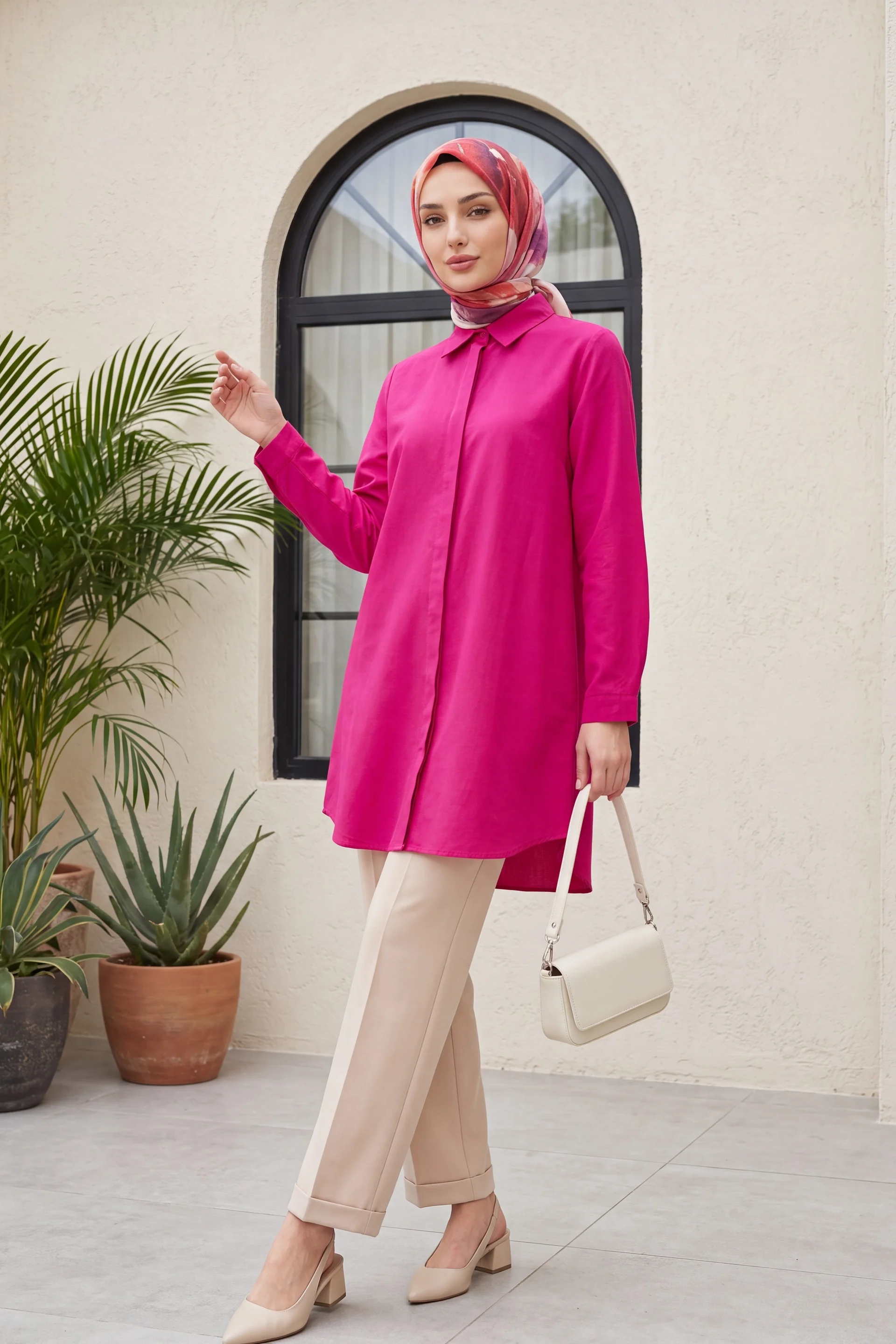 Hidden Button Oval Cut Long Shirt - Fuchsia - Podyumplus - by Peralane - photo 4