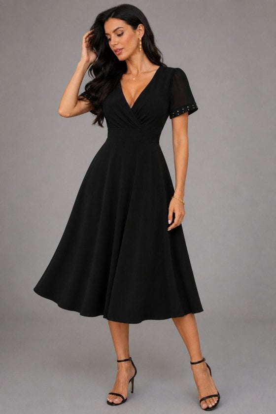 Women's Short-Sleeve V-Neck Wrap Dress with Tulle Beaded Sleeves - Janes - by Peralane - photo 3