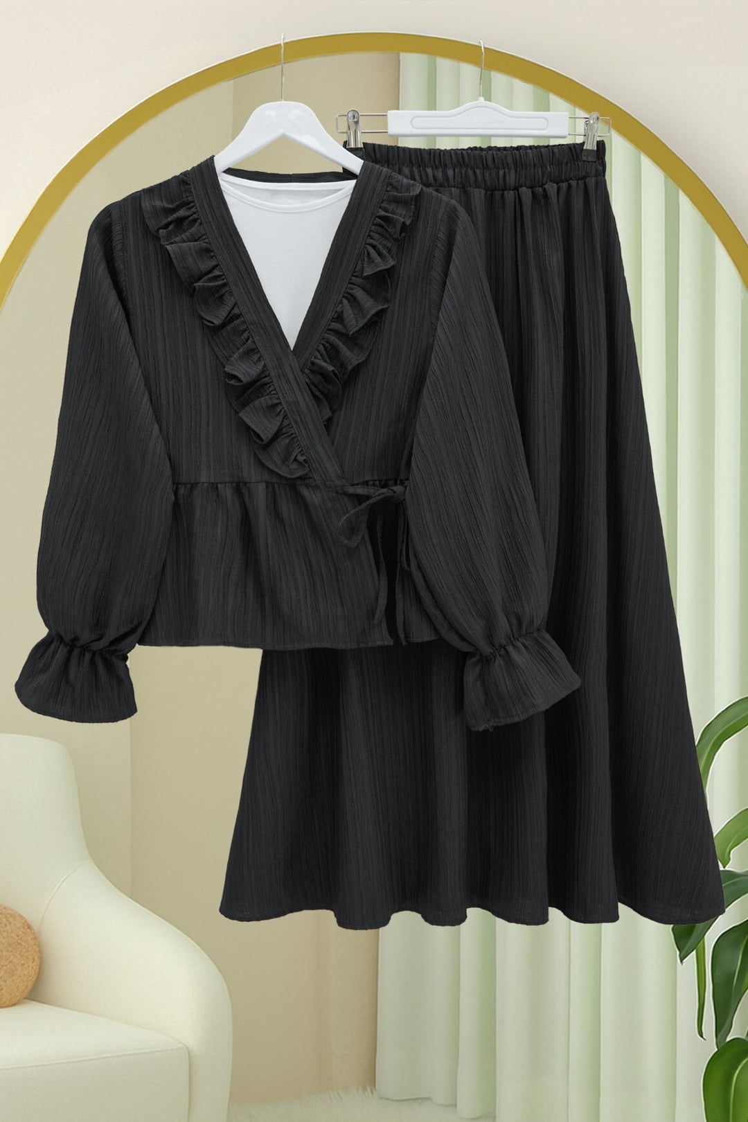 Ruffled Neck Tie-Front Kimono and Skirt Set - Black - Podyumplus - by Peralane - photo 4