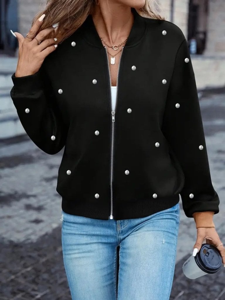 Women's Black Pearl Embellished Zip-Front Bomber Jacket - Janes - by Peralane - photo 5