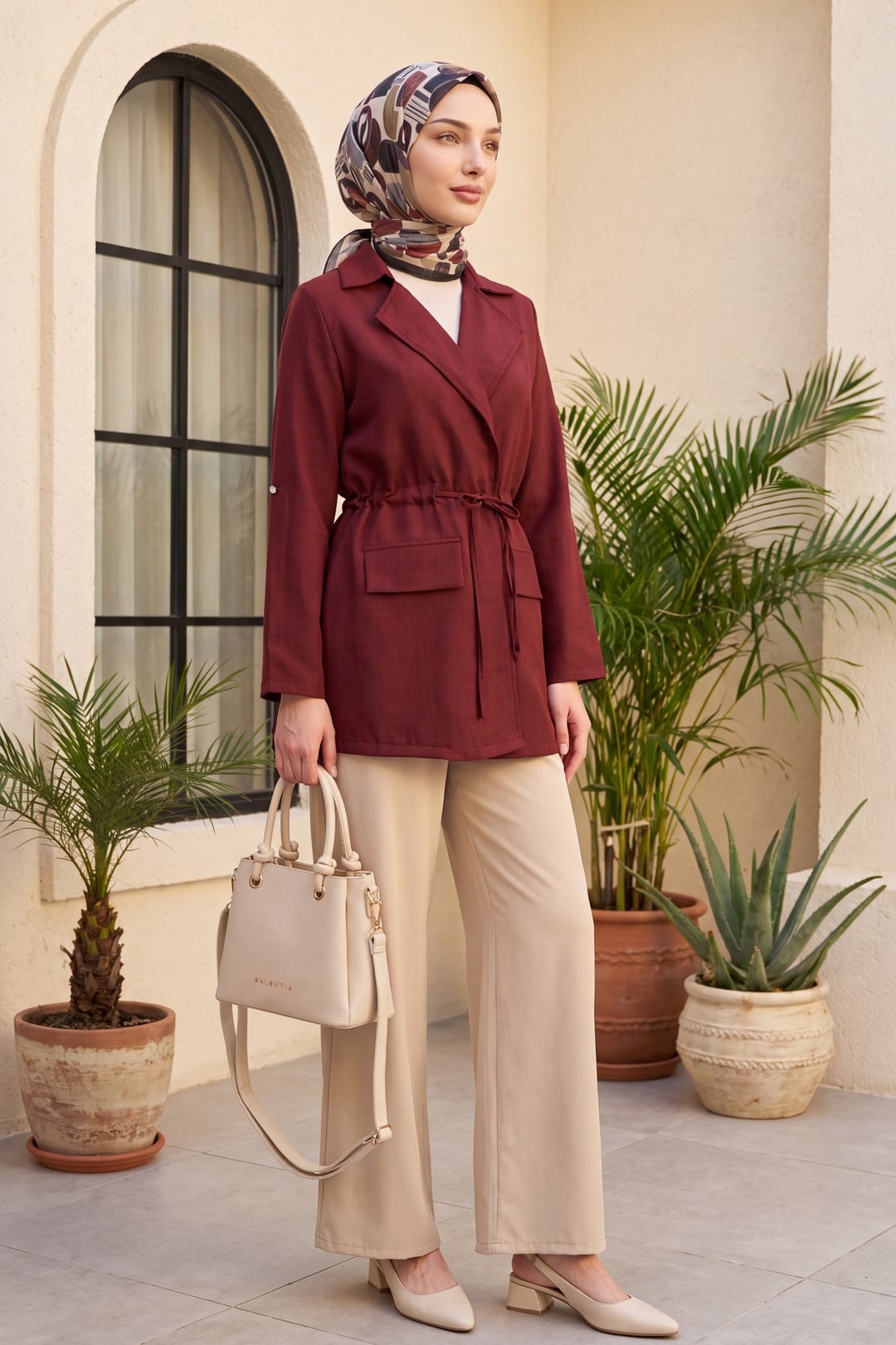 Tunnel Lace Detail Pocket Linen Look Kimono - Burgundy - Podyumplus - by Peralane - photo 7