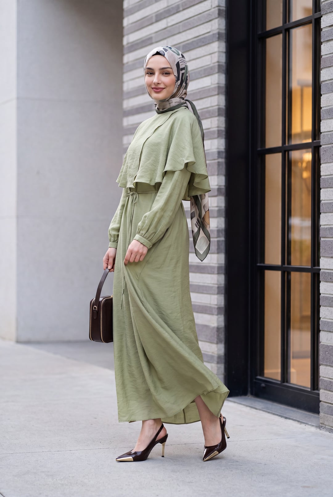 Cape Collar Lined Belted Tulle Modal Dress in Light Green - Podyumplus - by Peralane - photo 3