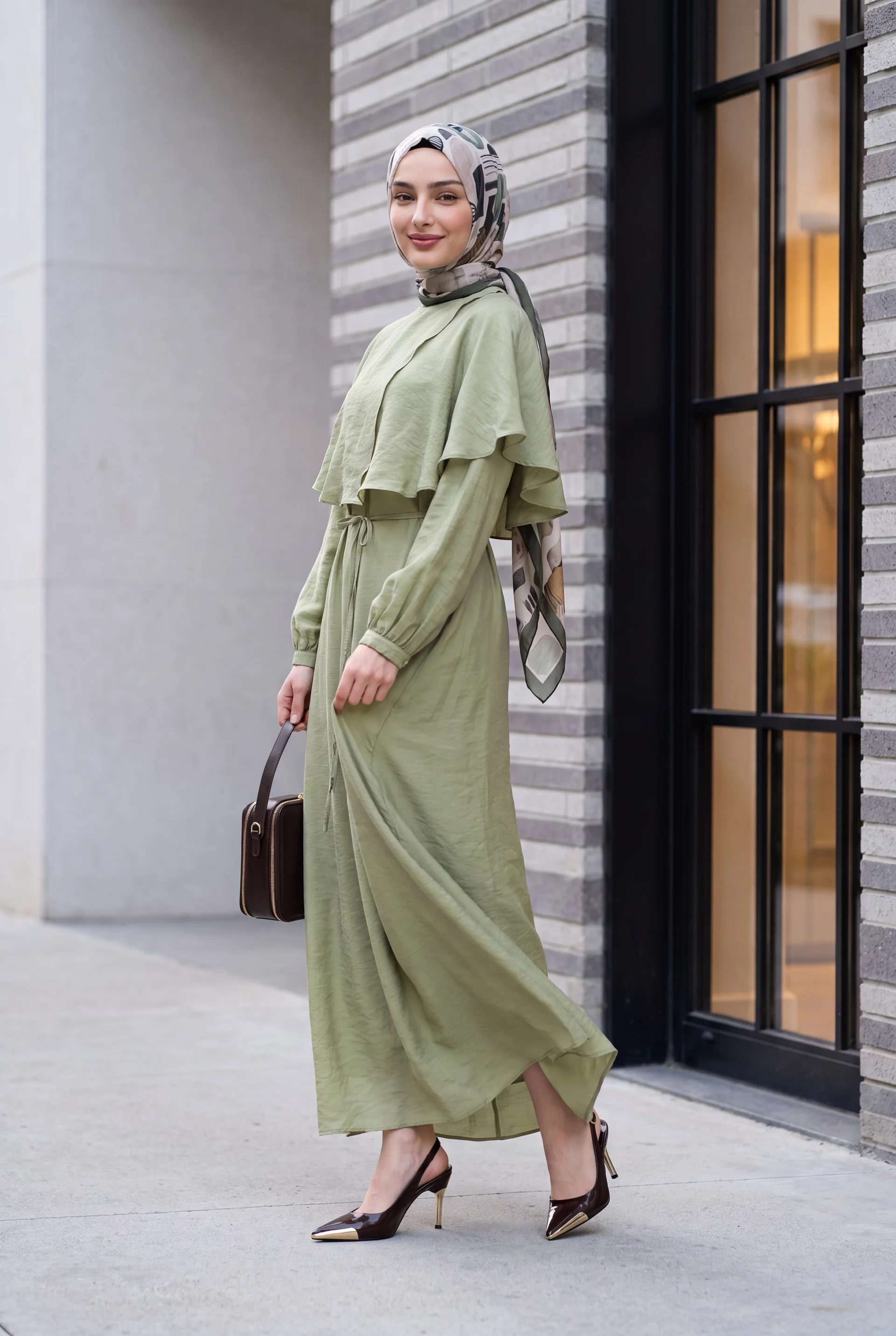 Cape Collar Lined Belted Tulle Modal Dress in Light Green - Podyumplus - by Peralane - photo 3