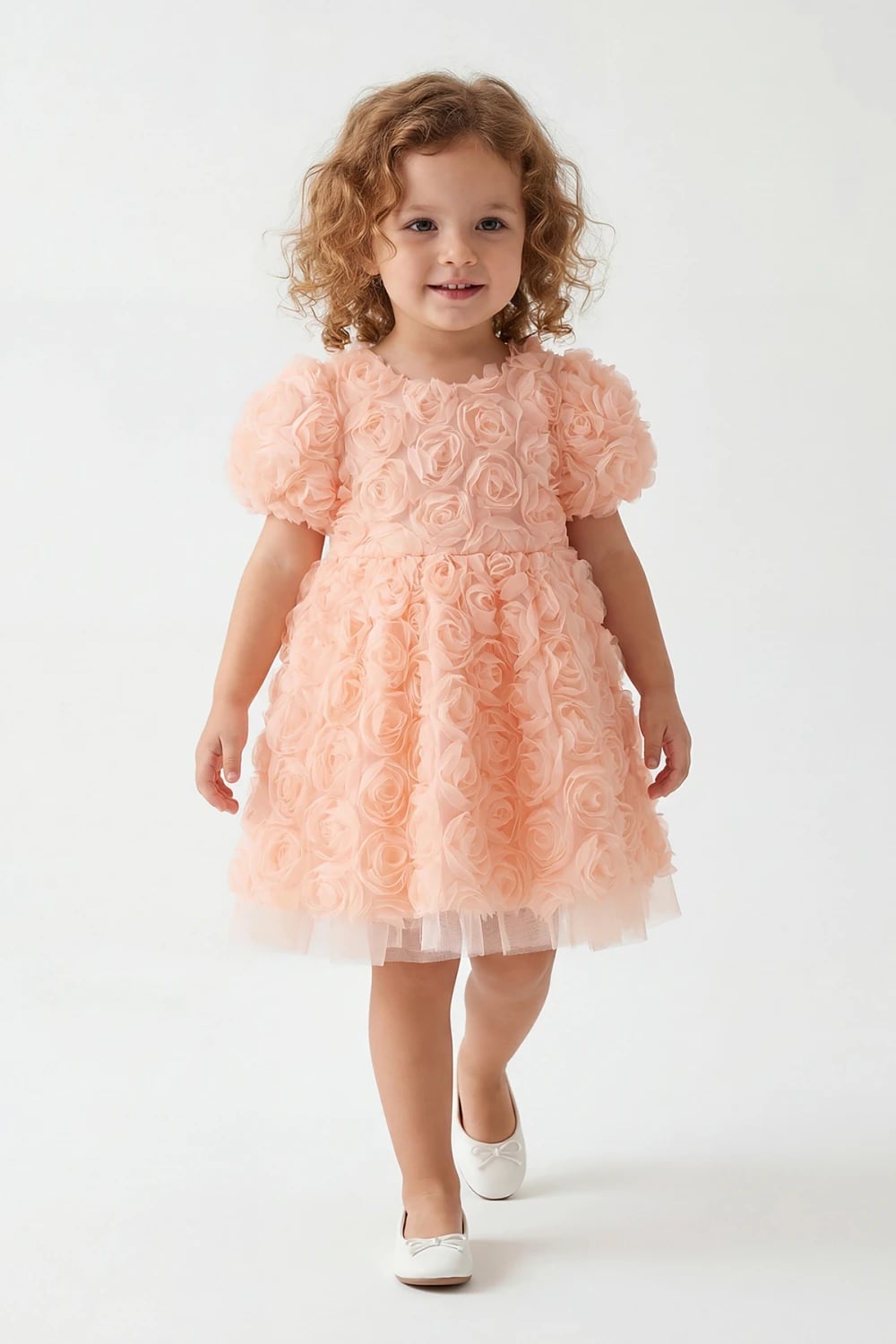 Girls' Floral Tulle Party Dress with 3D Rose Embellishments - Serkon Baby - by Peralane