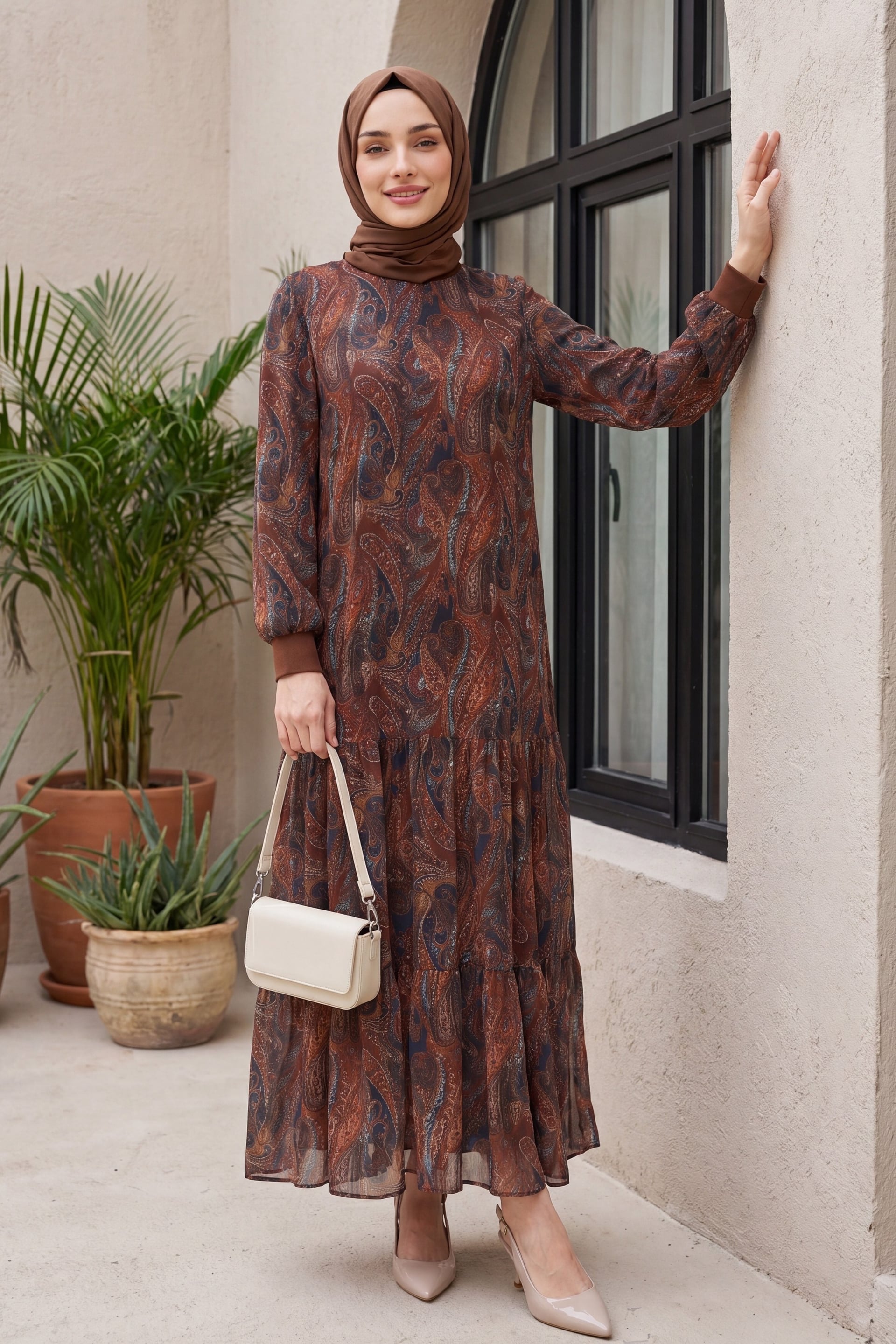 Paisley Print Tiered Chiffon Maxi Dress - Brown - Podyumplus - by Peralane