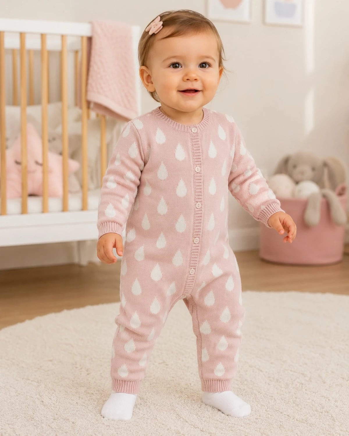 Knitted Baby Romper with Raindrop Print - Pink - Has Bereket - by Peralane