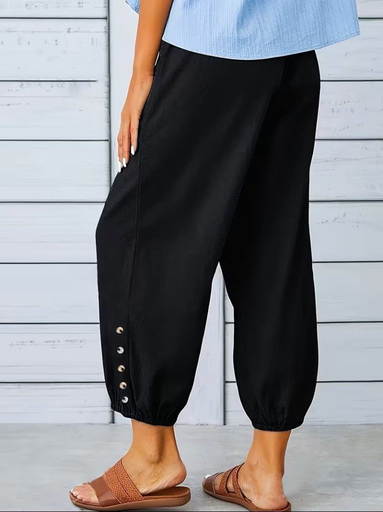 Women's Black Drawstring Waist Cropped Trousers with Button Detail - Janes - by Peralane - photo 3