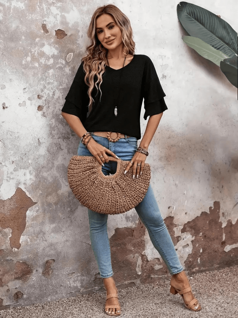 Women's Black V-Neck Short-Sleeve Flutter Sleeve T-Shirt - Janes - by Peralane - photo 5