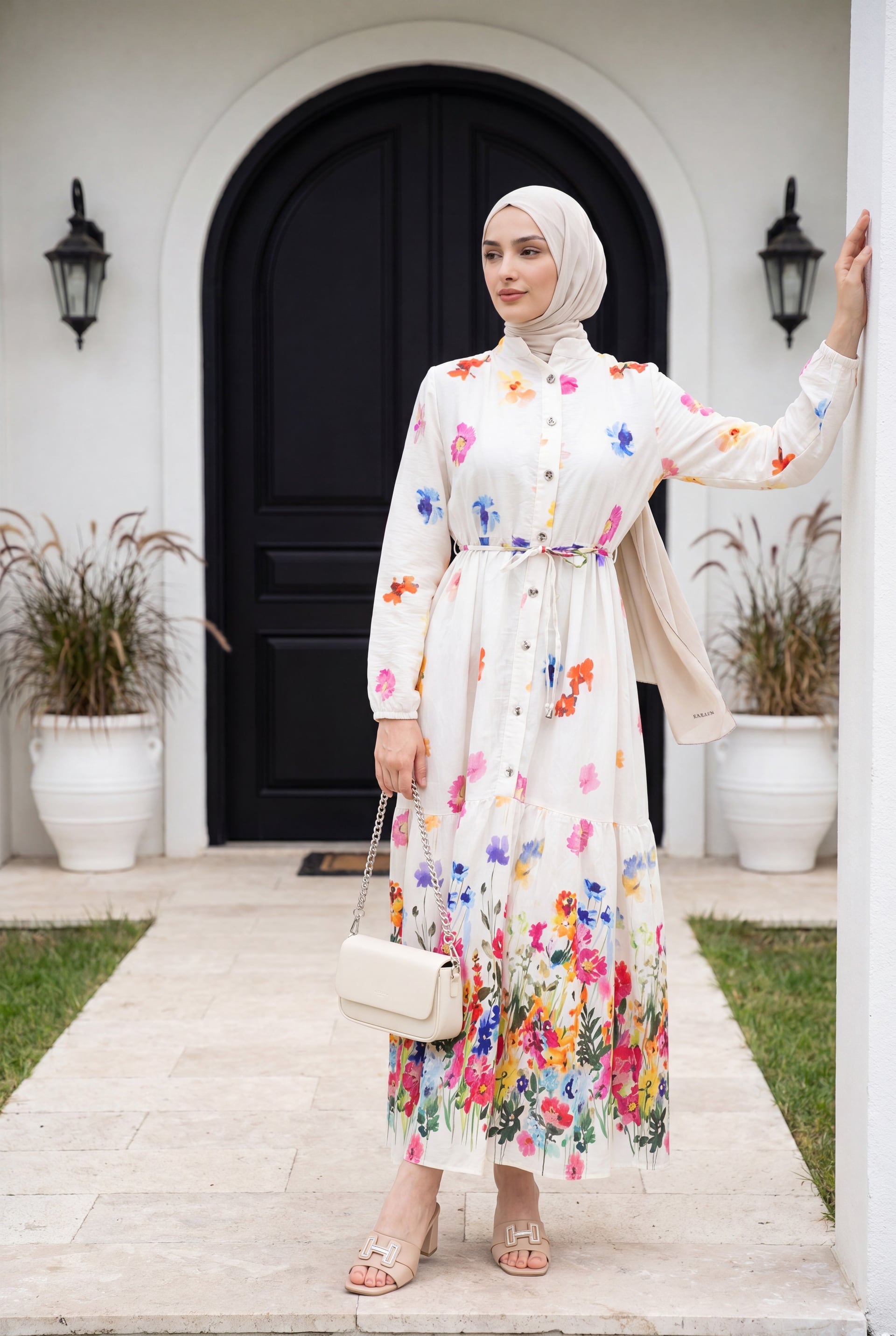 Floral Print Long-Sleeved Collared Dress with Tie Waist - Ecru - Podyumplus - by Peralane