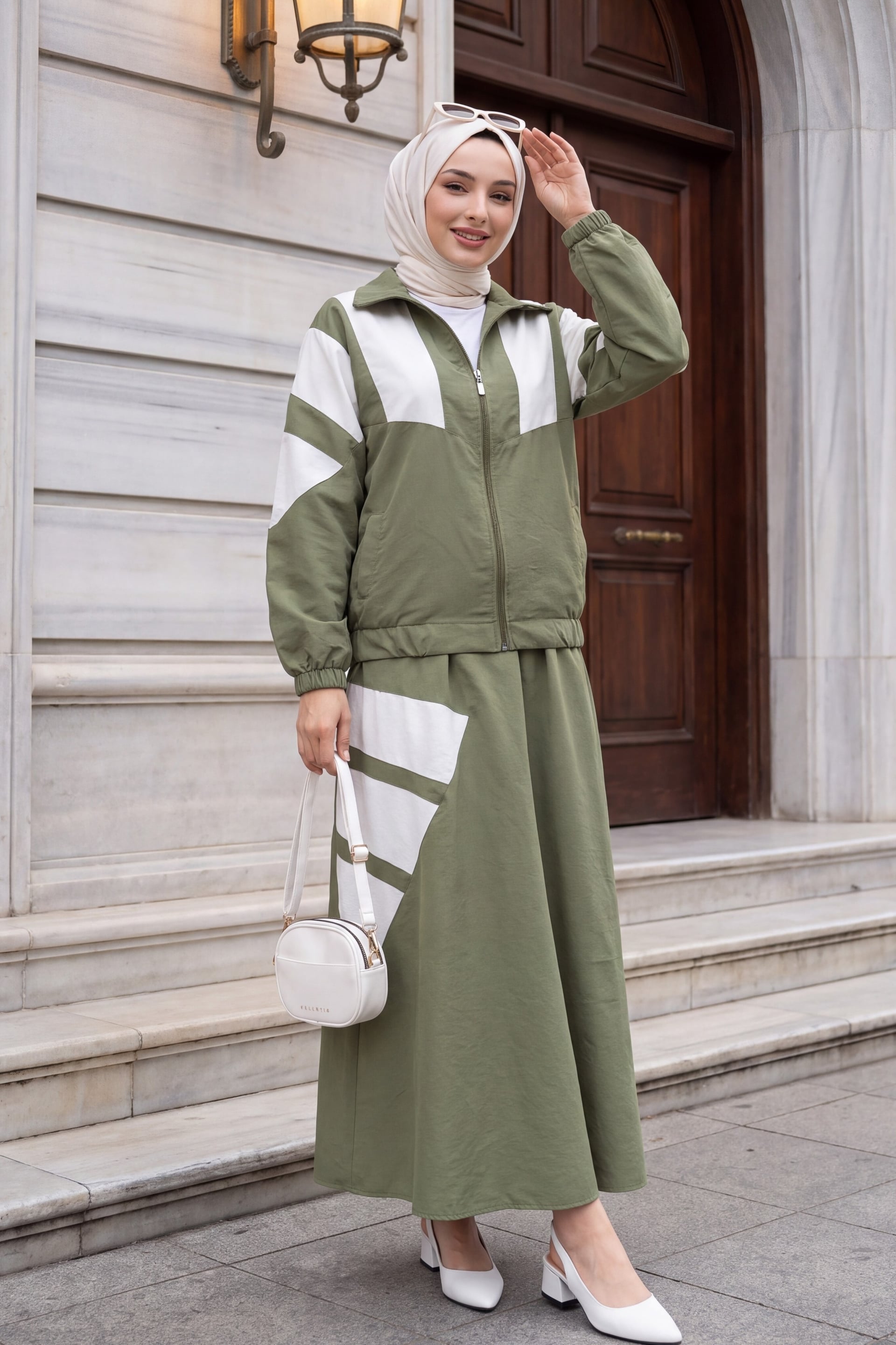 Shirt Collar Striped Detail Double Pocket Skirt Suit - Khaki - Podyumplus - by Peralane - photo 2