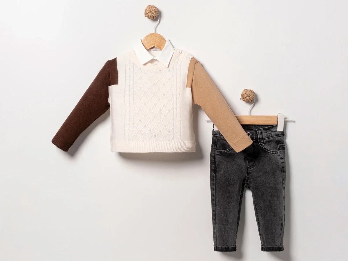 Tricot 3-Piece Baby Boy Set - Cream and Brown - Eymus - by Peralane