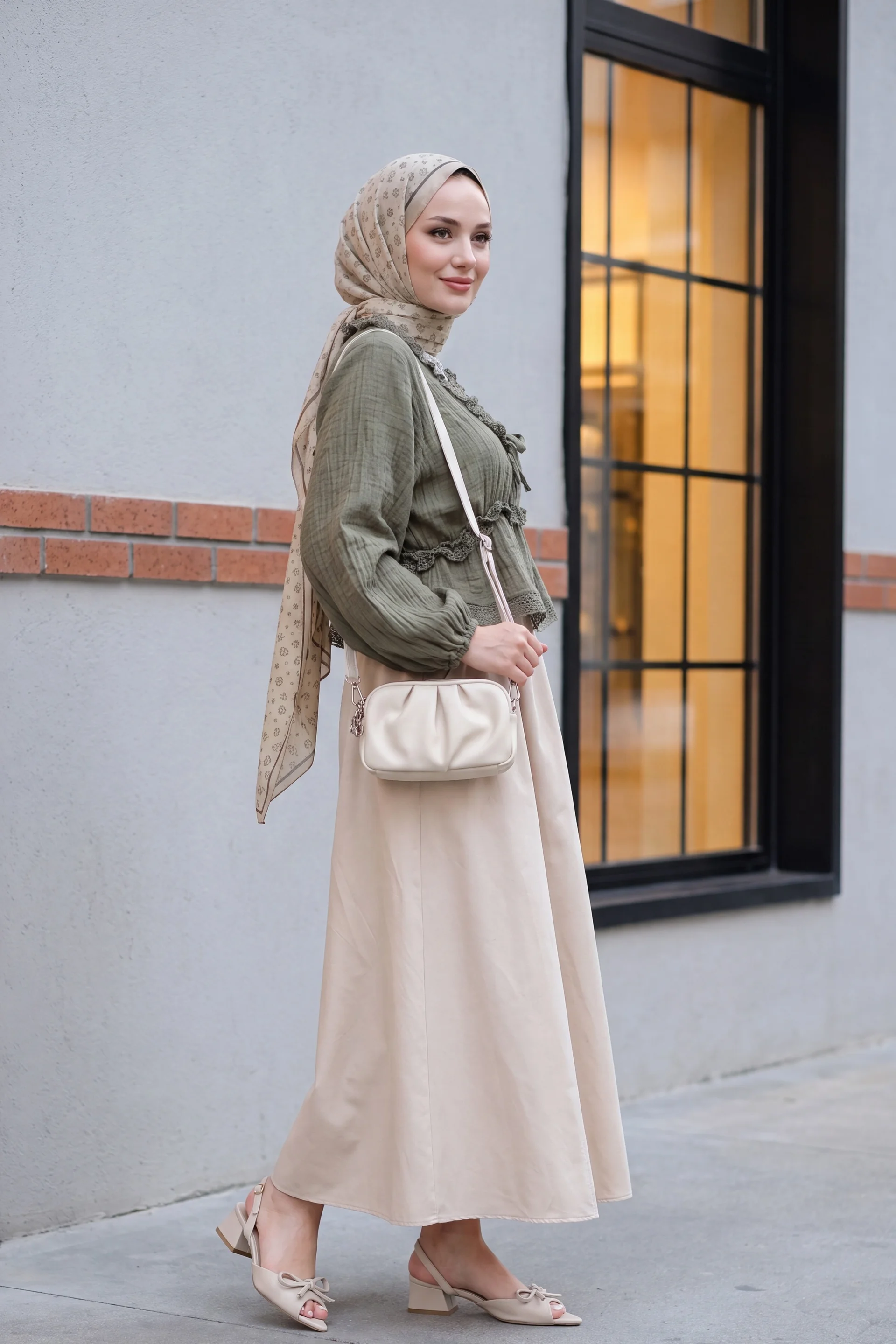 Balloon Sleeve Lace Trim Elasticated Waist Viscose Blouse - Khaki - Podyumplus - by Peralane - photo 4