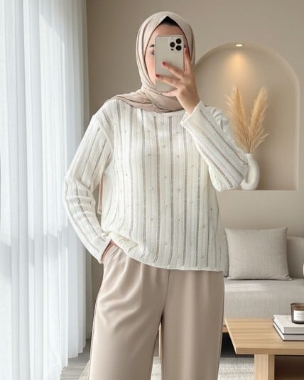Stone-Colored Open-Weave Knit Sweater with Pearl Embellishments for Women - Podyumplus - by Peralane