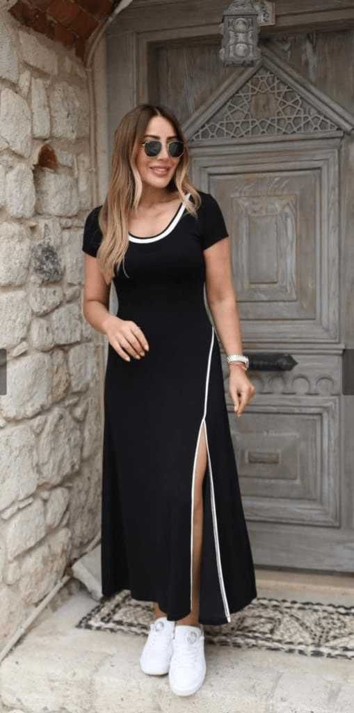 Women's Black Round Neck Viscose Maxi Dress with White Trim - Janes - by Peralane - photo 2