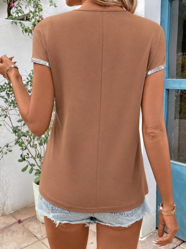 Women's Short-Sleeved Front-Zip Viscose Blouse with Sequined Sleeve Hems - Janes - by Peralane - photo 2