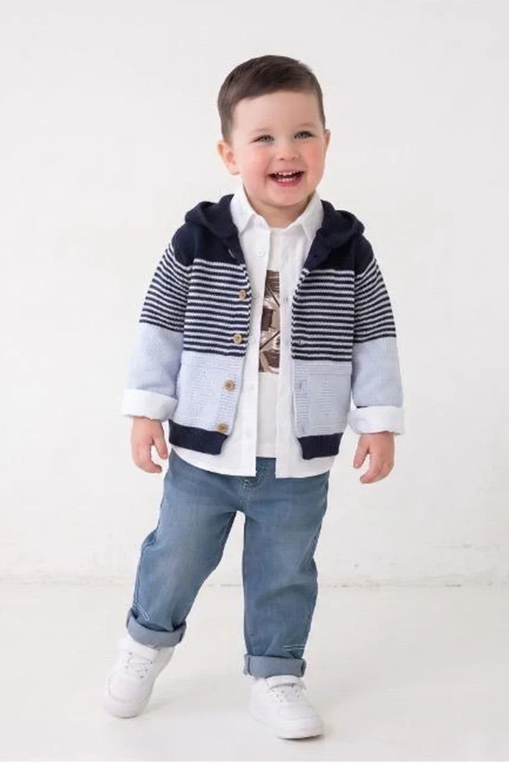 Boys' Knitted Hooded Cardigan Set - Navy Blue and Light Blue Stripes (Pack of 4) - Has Bereket - by Peralane