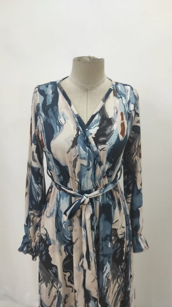 Women's Long-Sleeve Wrap Maxi Dress with Tie Waist and Marbled Print - Janes - by Peralane - photo 9