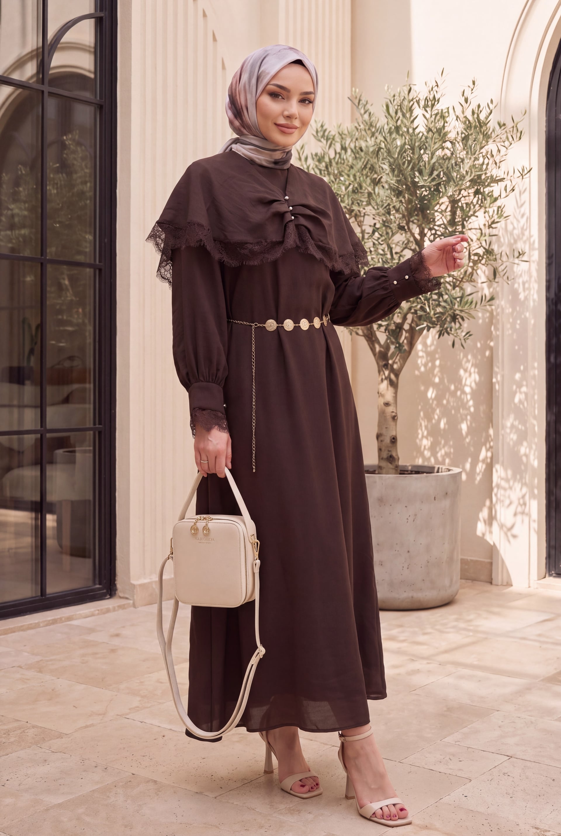 Lace Detail Cape Belted Lined Imported Ibiza Dress - Brown - Podyumplus - by Peralane - photo 5