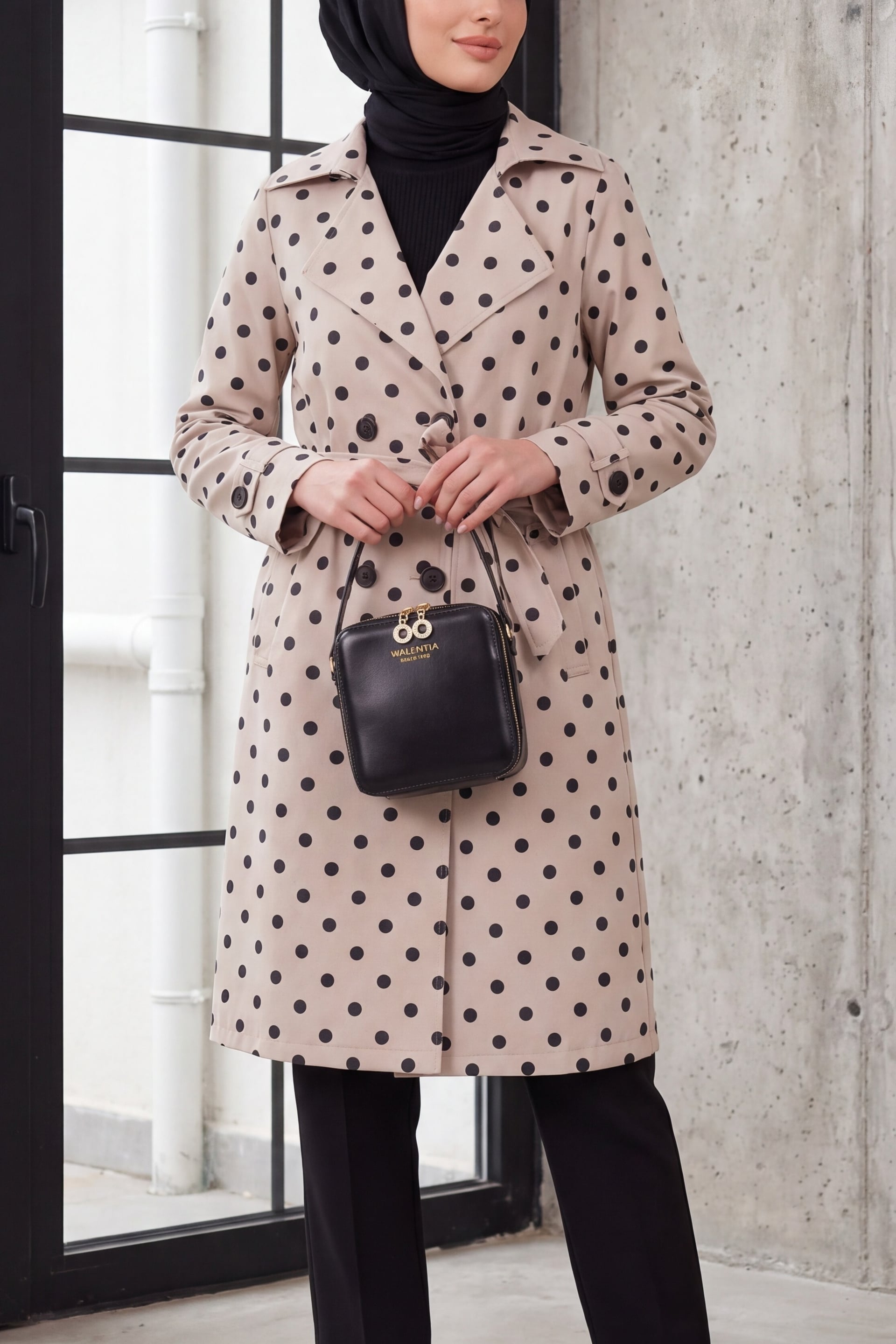 Women's Polka Dot Notched Lapel Trench Coat - Ecru - Bigdart - by Peralane