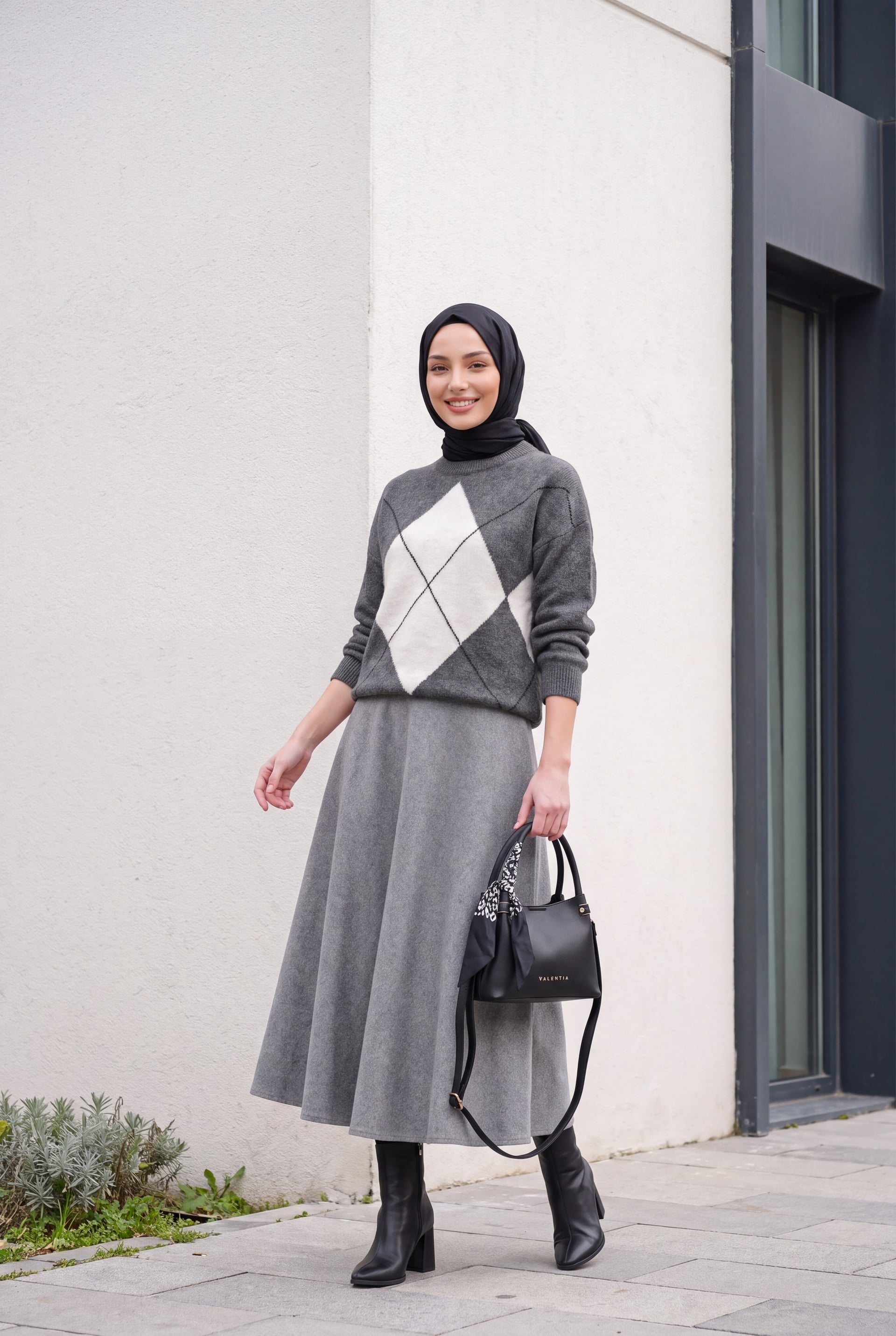 Argyle Patterned Oversize Knit Sweater - Anthracite - Bigdart - by Peralane - photo 4