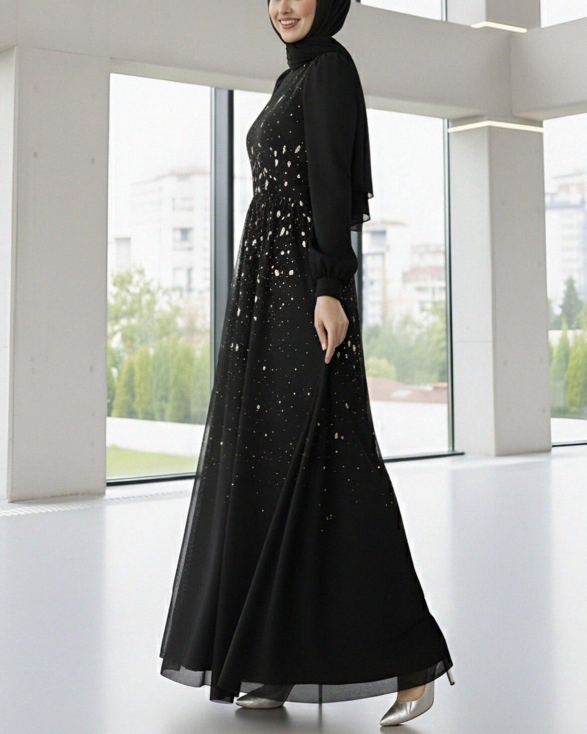 Black Long-Sleeve Evening Dress with Gold Fleck Print - Podyumplus - by Peralane - photo 3