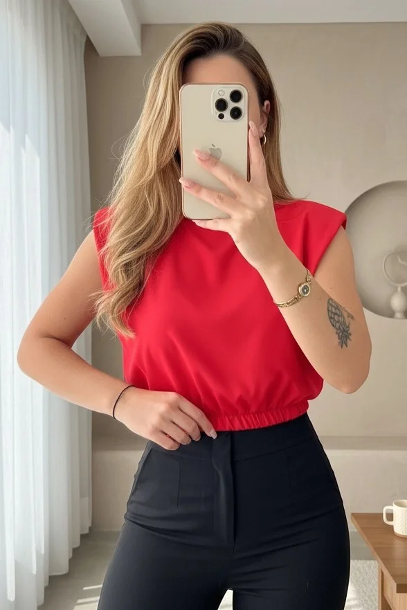 Padded Shoulder Sleeveless Blouse with Elasticated Waist - Red - Podyumplus - by Peralane