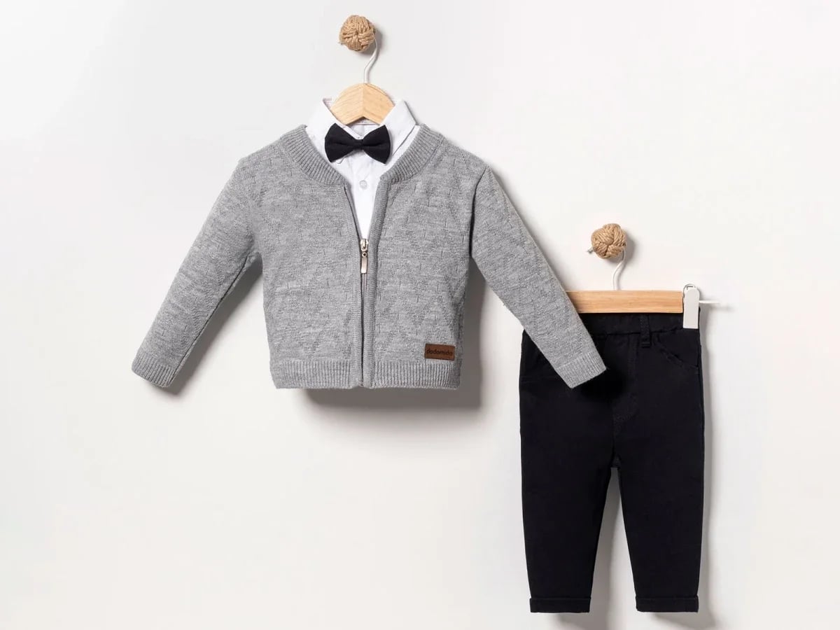 Bow Tie Detail Cardigan 3-Piece Baby Boys' Set - Eymus - by Peralane