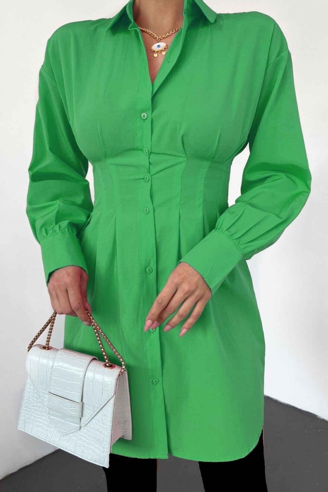 Pleated Waist Button-Front Tunic Shirt - Green - Podyumplus - by Peralane - photo 4