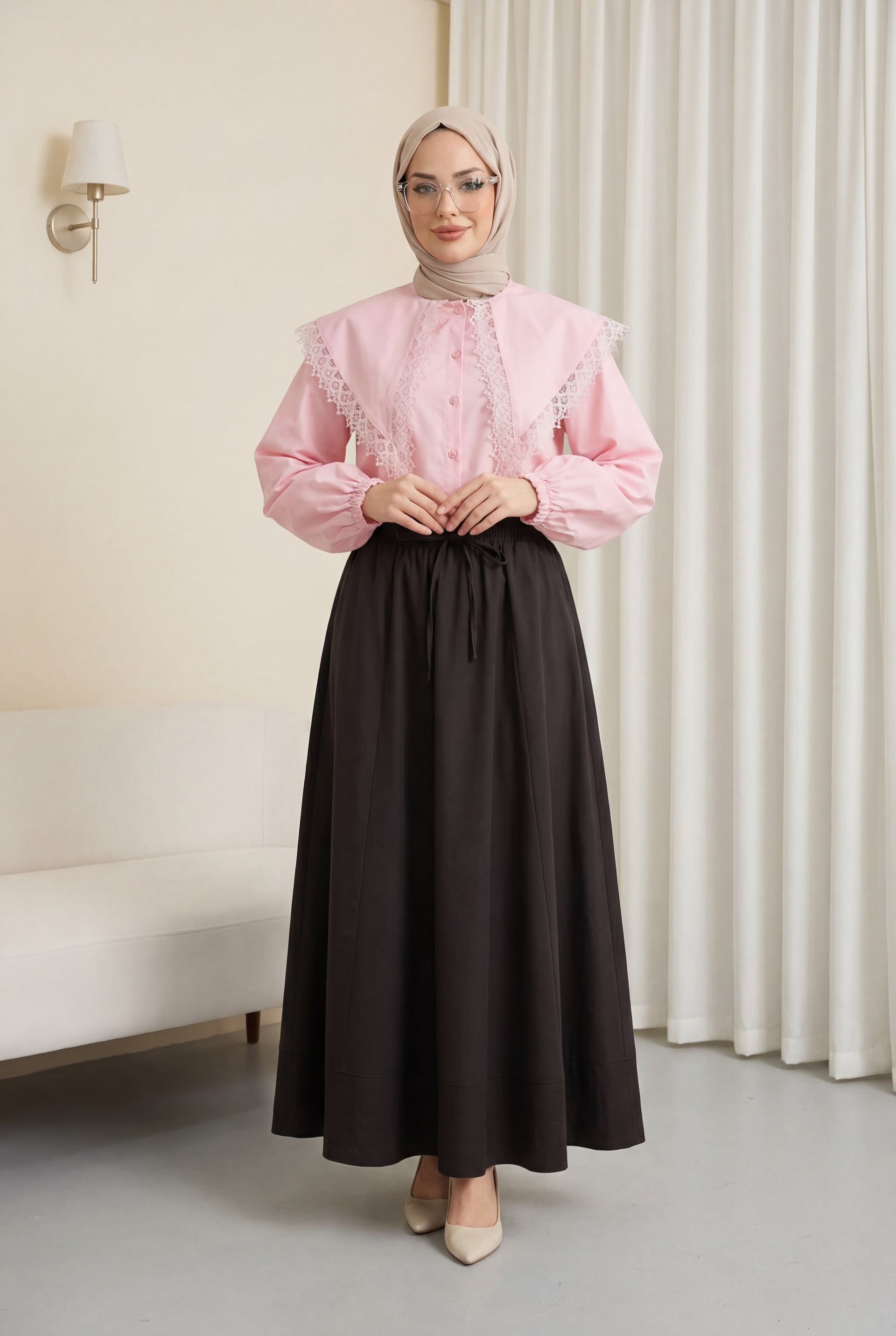 Lace-Trimmed Wide Collar Tie-Front Poplin Blouse with Elastic Cuffs - Pink - Podyumplus - by Peralane