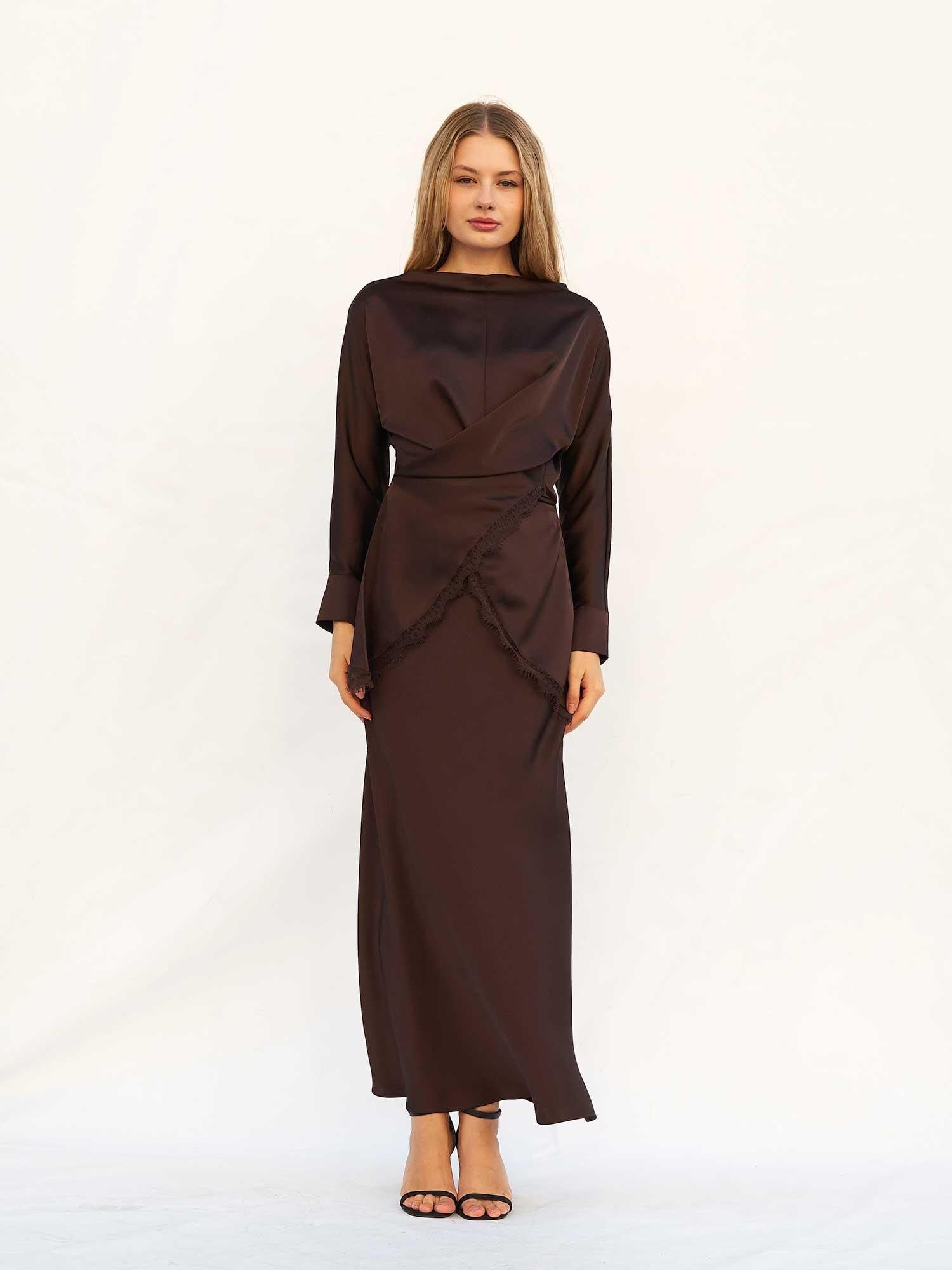 Long Sleeve Satin Dress with Lace Trim Skirt - Lefon - by Peralane