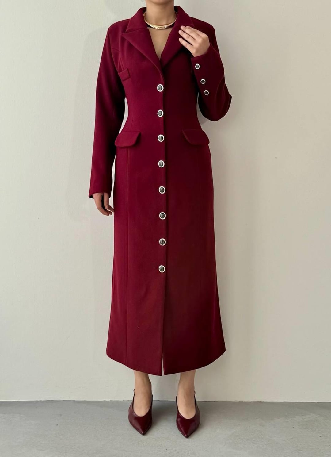 Women's Bordeaux Single-Breasted Coat with Notched Lapel and Flap Pockets - Etika - by Peralane - photo 2