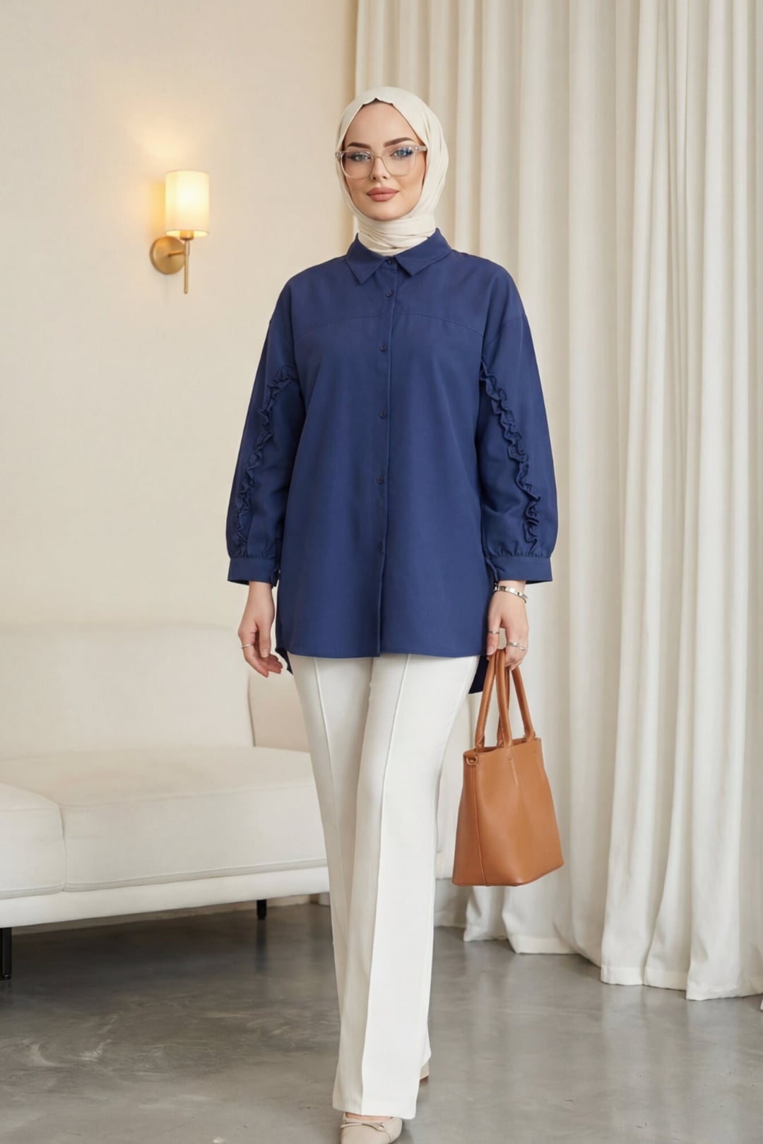 Ruffle Sleeve Button Poplin Blouse - Dark Navy - Podyumplus - by Peralane - photo 2