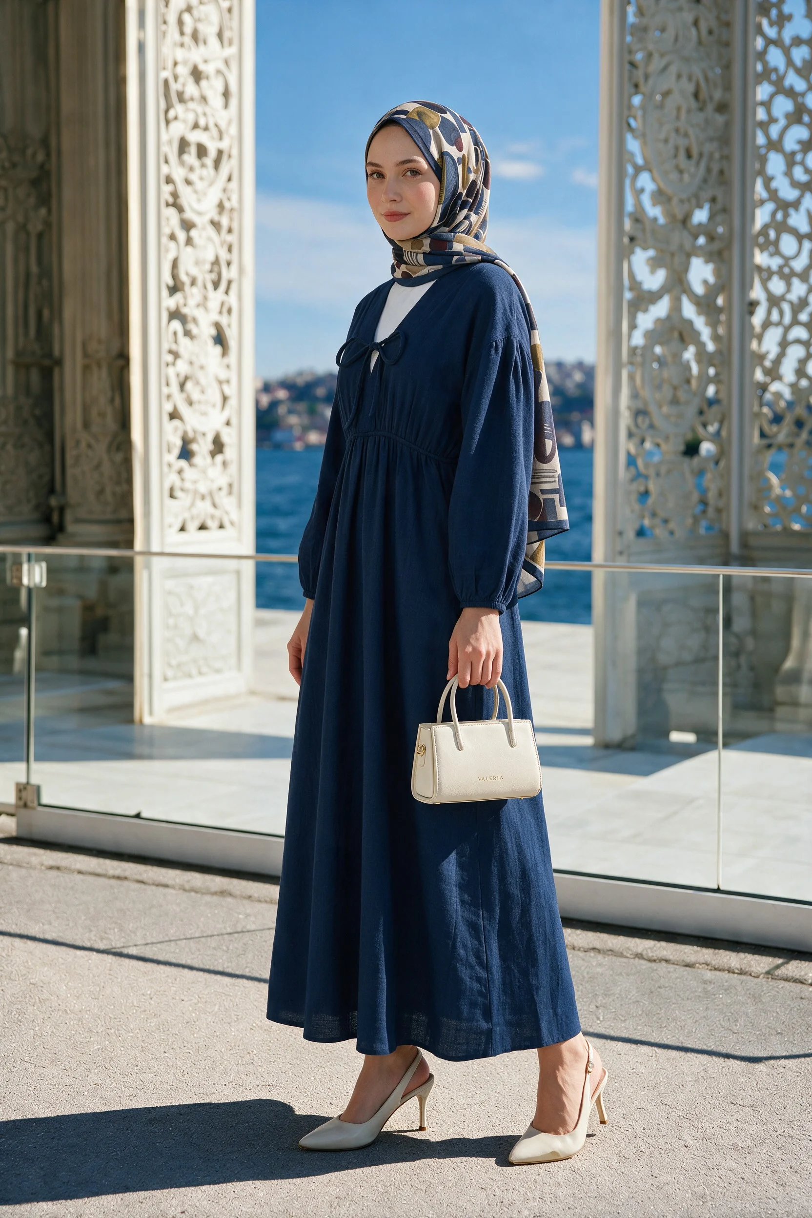 Navy Blue Tie-Front Long-Sleeve Muslin Midi Dress with Elasticated Waist - Podyumplus - by Peralane