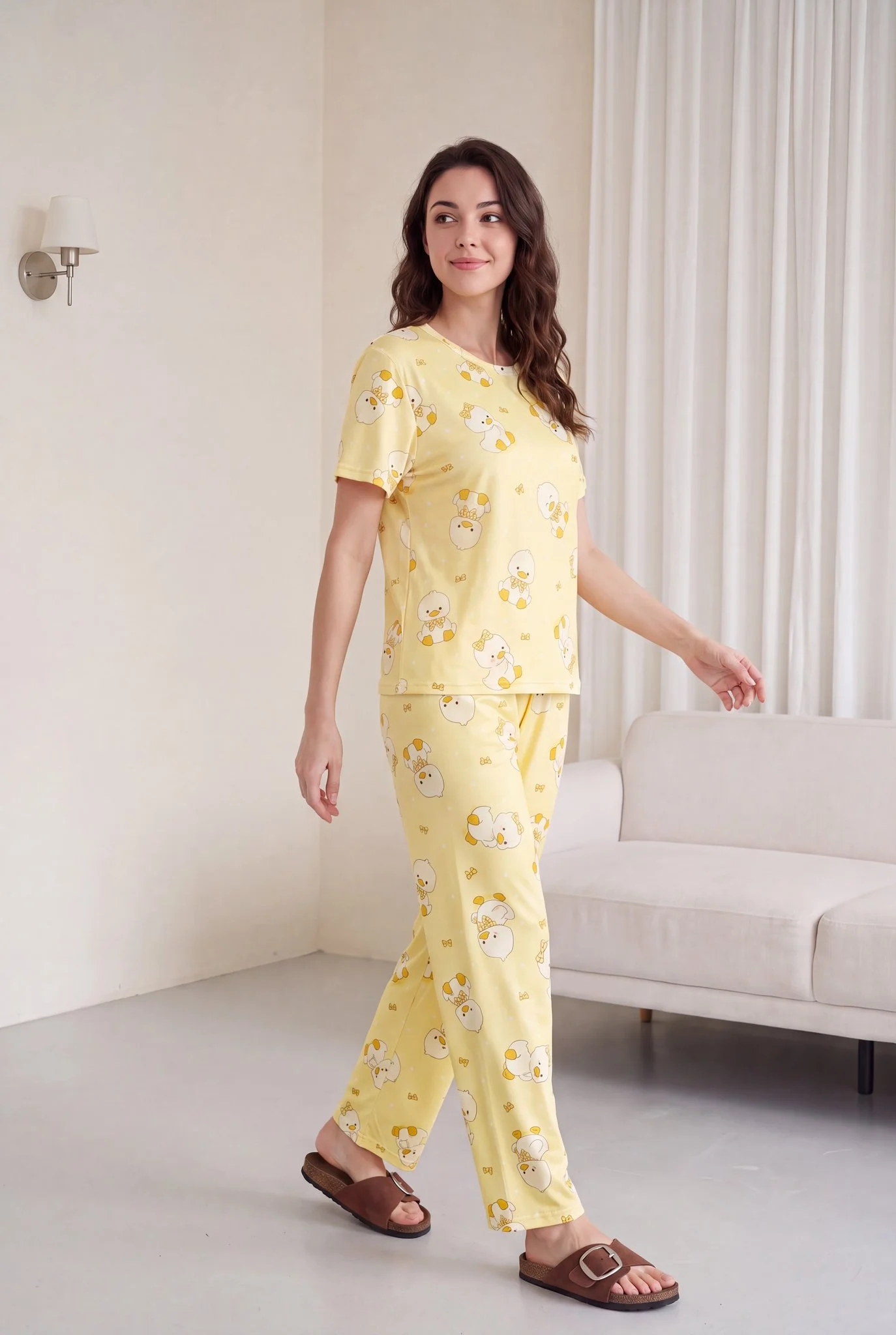 Yellow Duck Print Short Sleeve Crew Neck Knit Pajama Set for Women - Podyumplus - by Peralane - photo 5