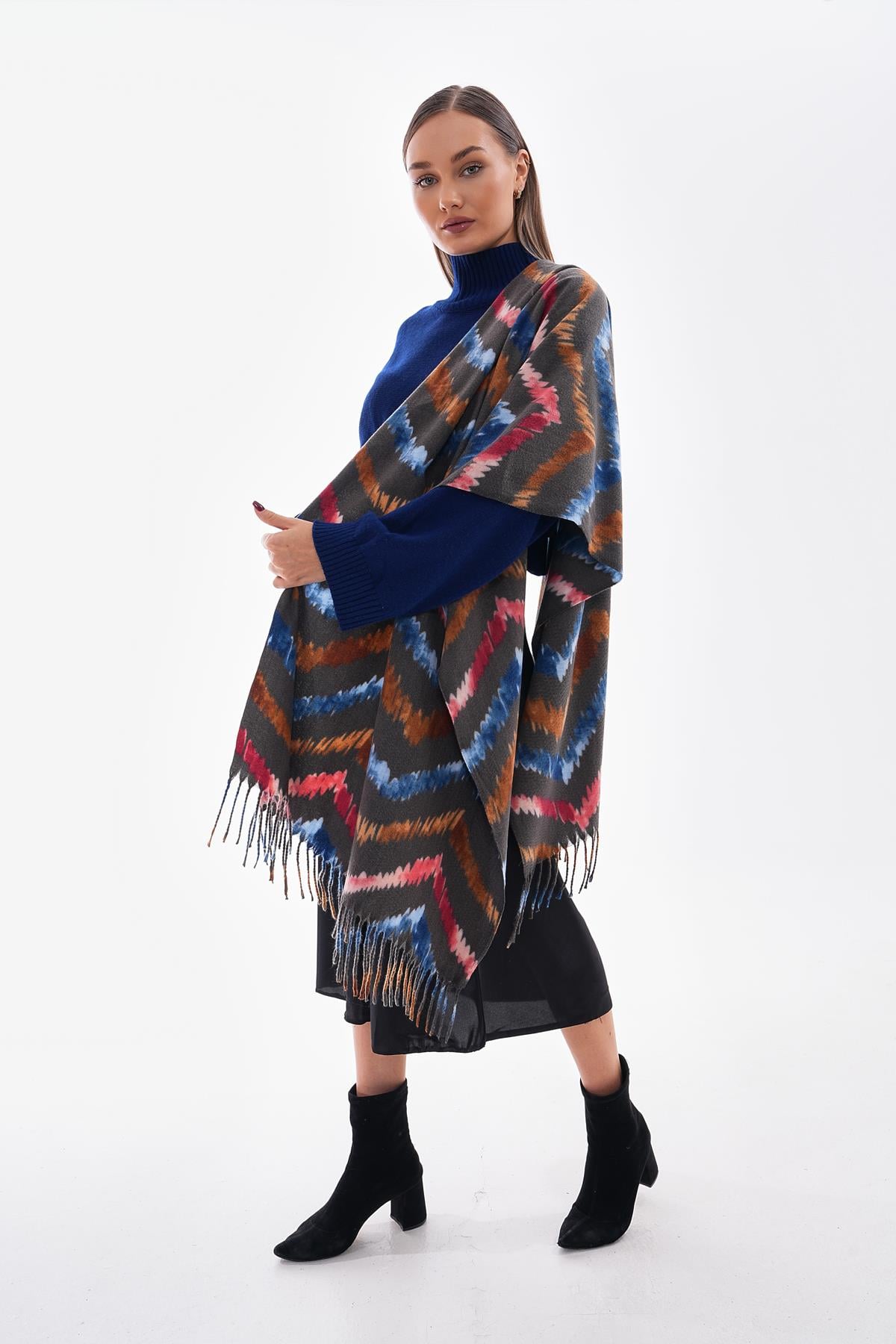 Dark Grey Fringed Stripe Woven Shawl - Nesvay - by Peralane - photo 3