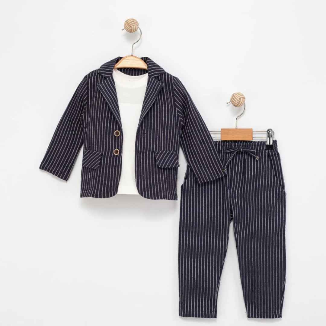 Boys' Navy Blue Pinstripe Suit Set with T-Shirt (4-Piece) - Terry - by Peralane