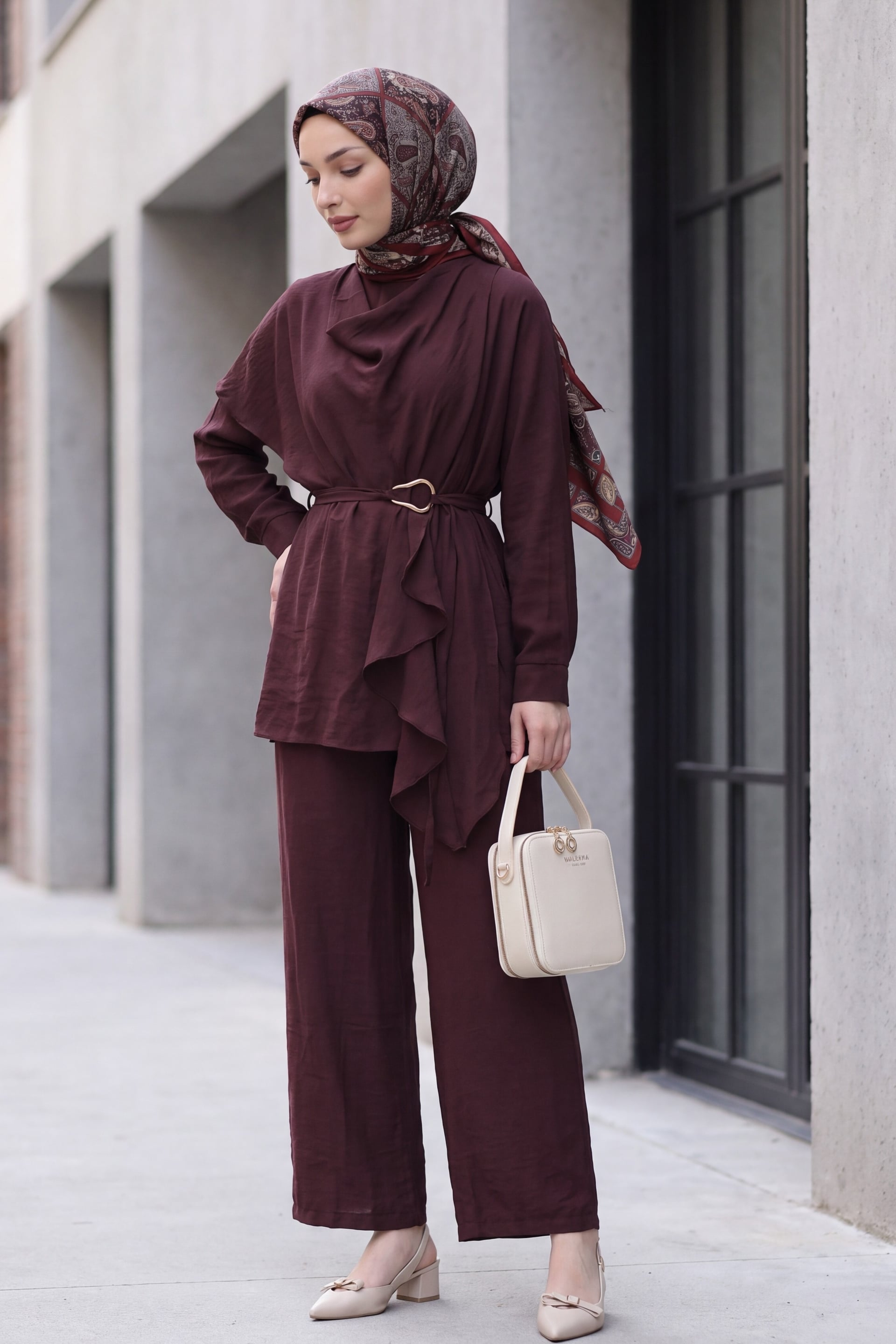 Asymmetric Cut Lined Belted Cupro Set - Burgundy - Podyumplus - by Peralane - photo 5