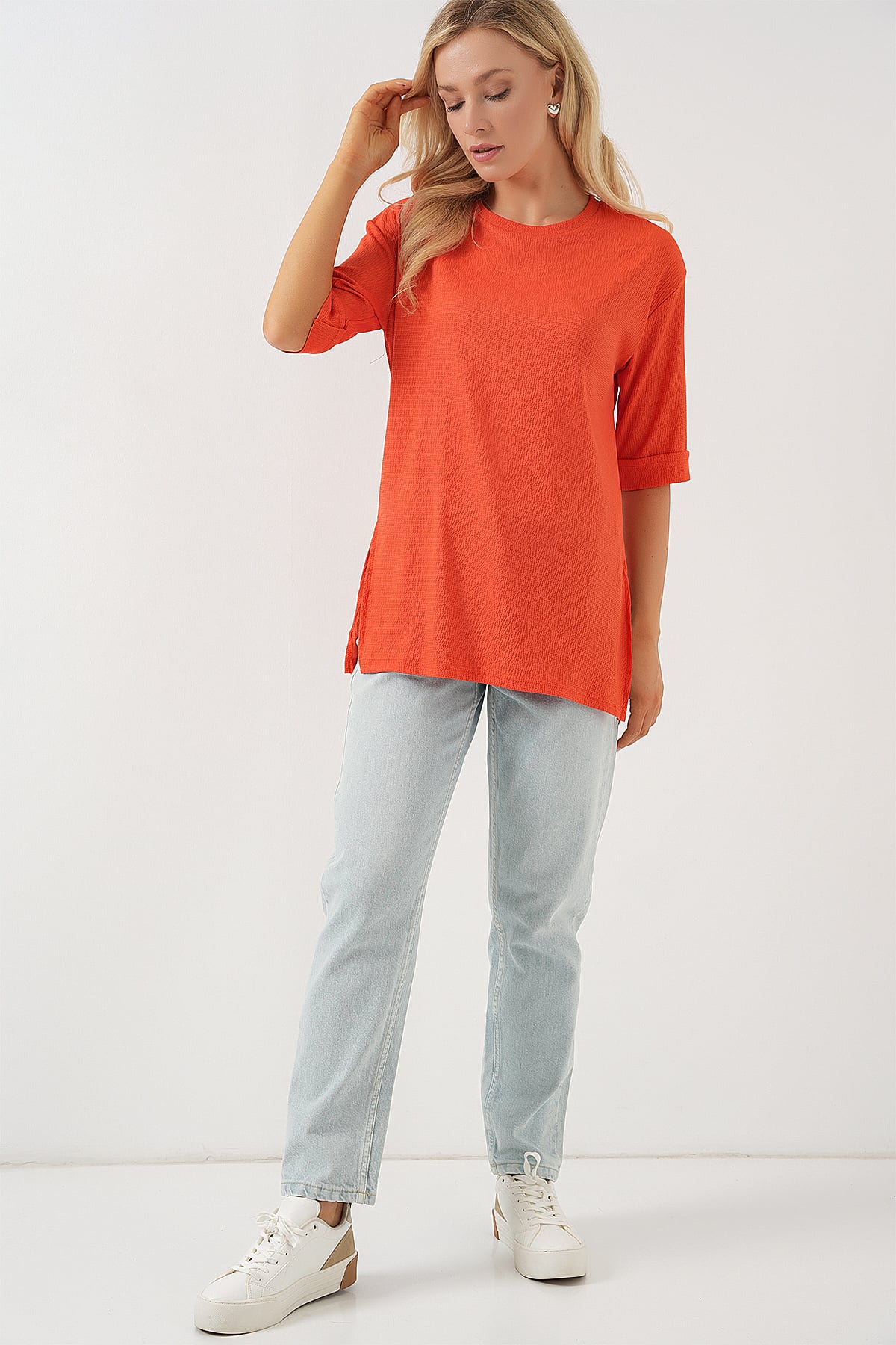 Orange Knitted Tunic with Side Slits - Wholeskop - by Peralane